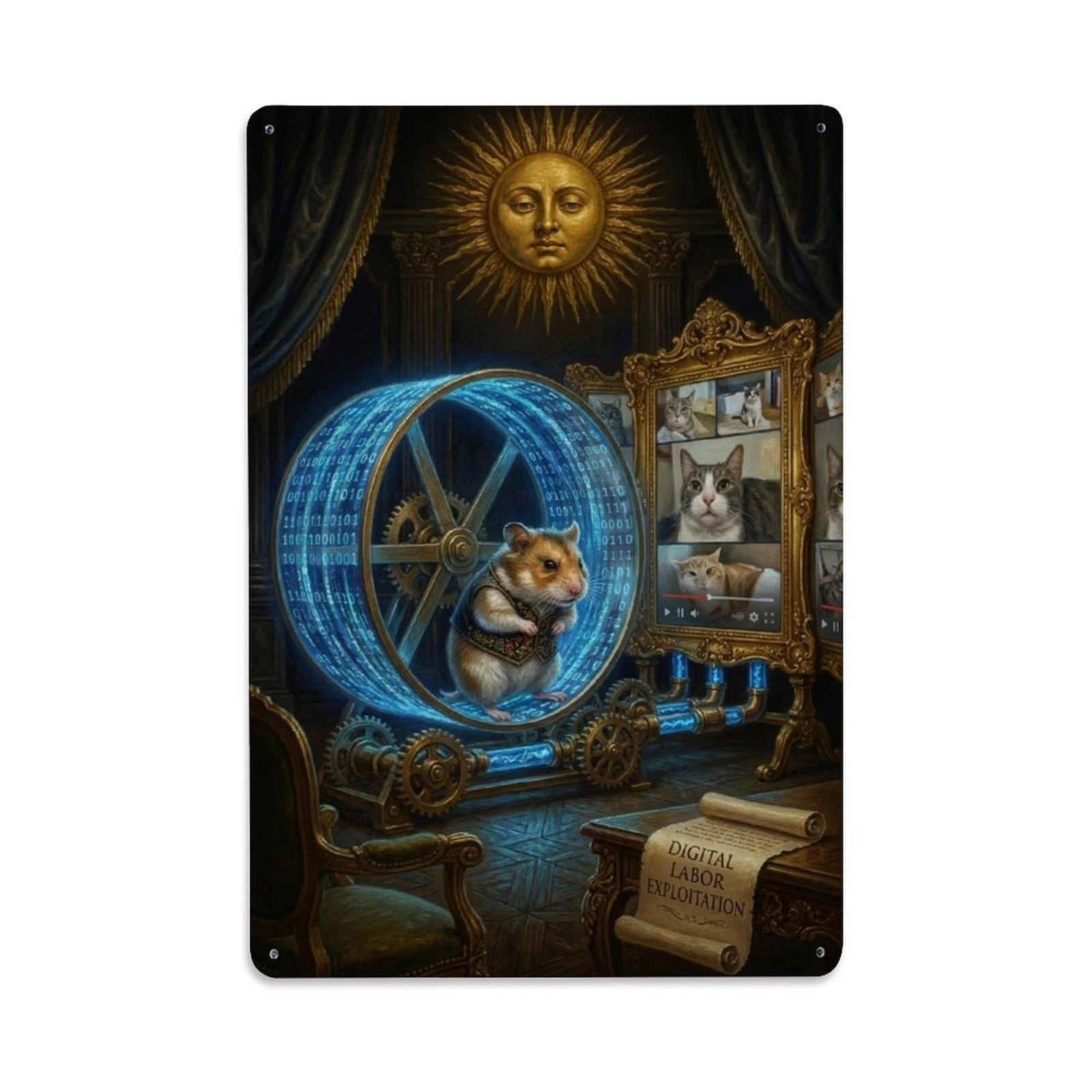 Storybook Fable Surreal Vintage Hamster Algorithm Wheel Satire Metal Tin Sign Plaque Wall Decor for Cafe, Man Cave, Club Bar, Office, Home Garden Round Metal Poster 8x12Inch