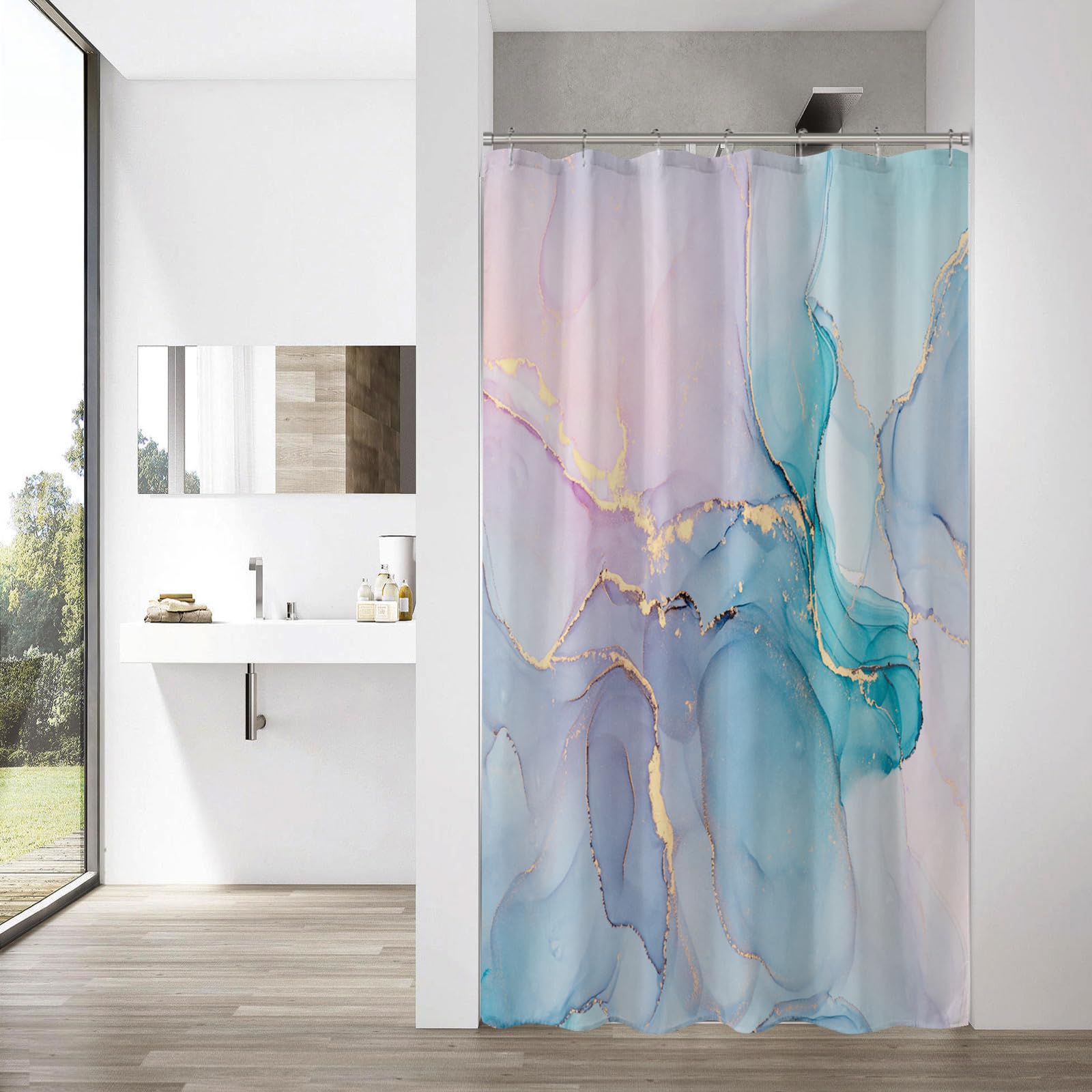Gibelle 36x72 Small Stall Shower Curtain Pink Turquoise Abstract Marble Waterproof Fabric with Hooks Recycled