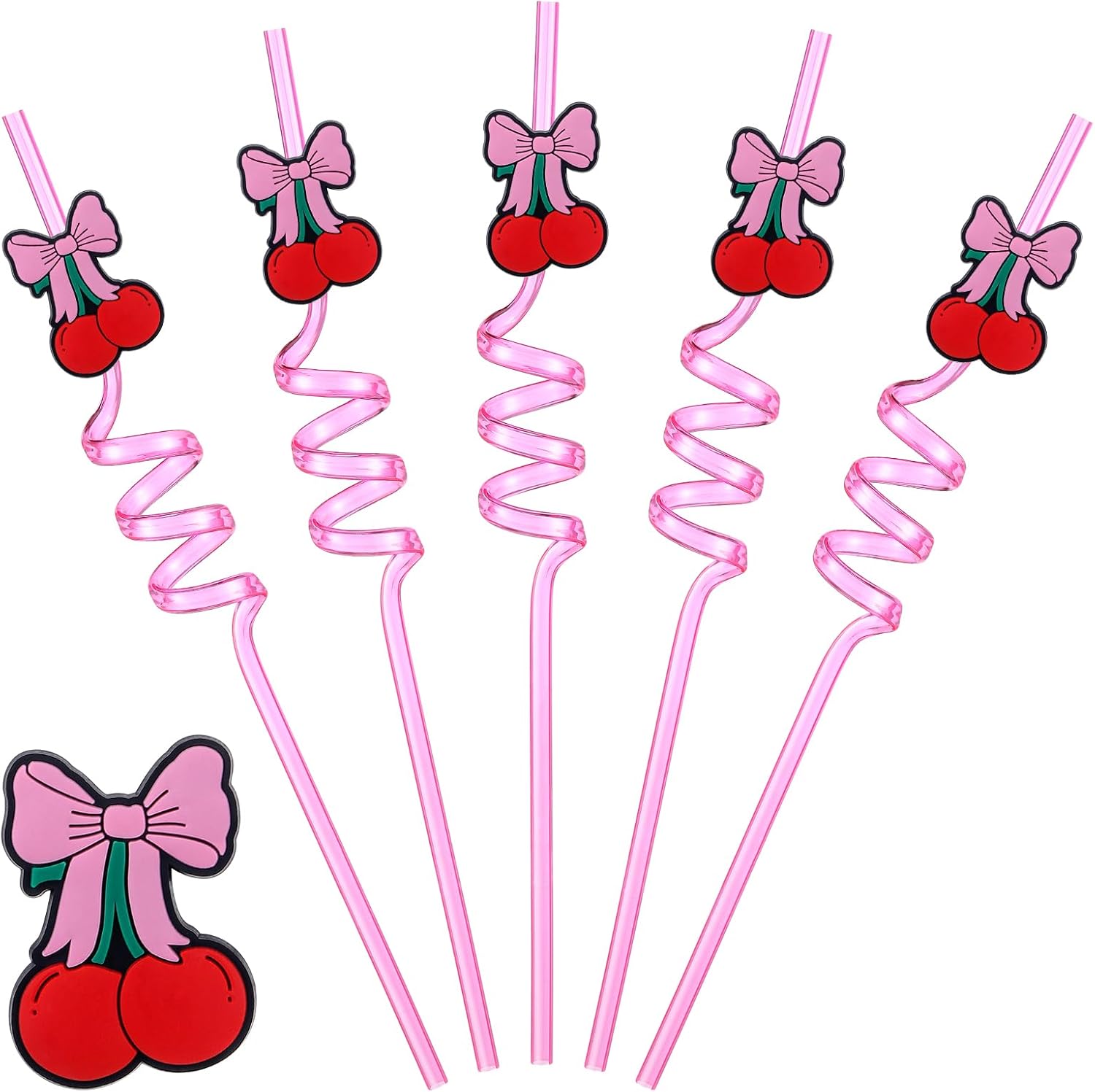 Reallnaive 16 Pcs Reusable Cherry Straws Plastic Spiral Drinking Straws Pink Cherry Party Favors Fruit Theme Birthday Supplies Baby Shower Bridal Bachelorette Party Decorations