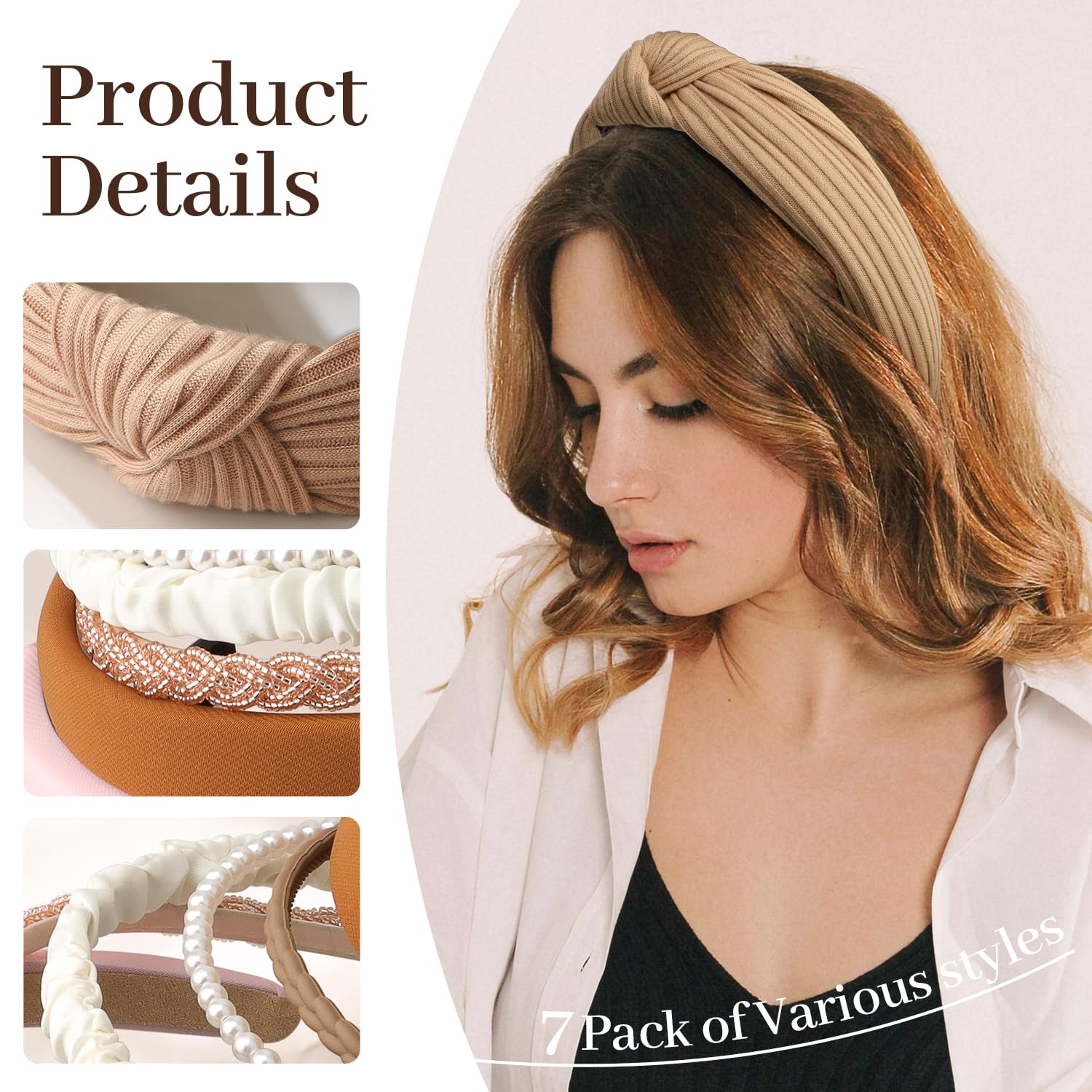 Fashion Headbands for Women Girls Headband Set 7pcs Pearl Headband Floral Hair Bands Padded Headbands for Women Vintage Wide Head band (Caramel) - Image 2