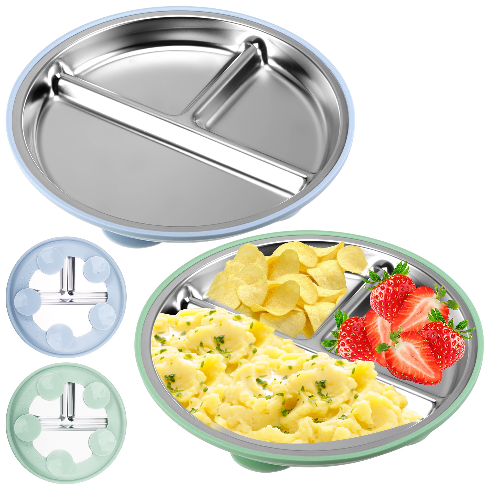 2 Pezzi Piatto Svezzamento Ventosa, Piatto con Ventosa per Bambini, Senza BPA, Piatti Svezzamento con Telaio Rimovibile, Piatto Ventosa Svezzamento, Piatti Acciaio Inox Bambini