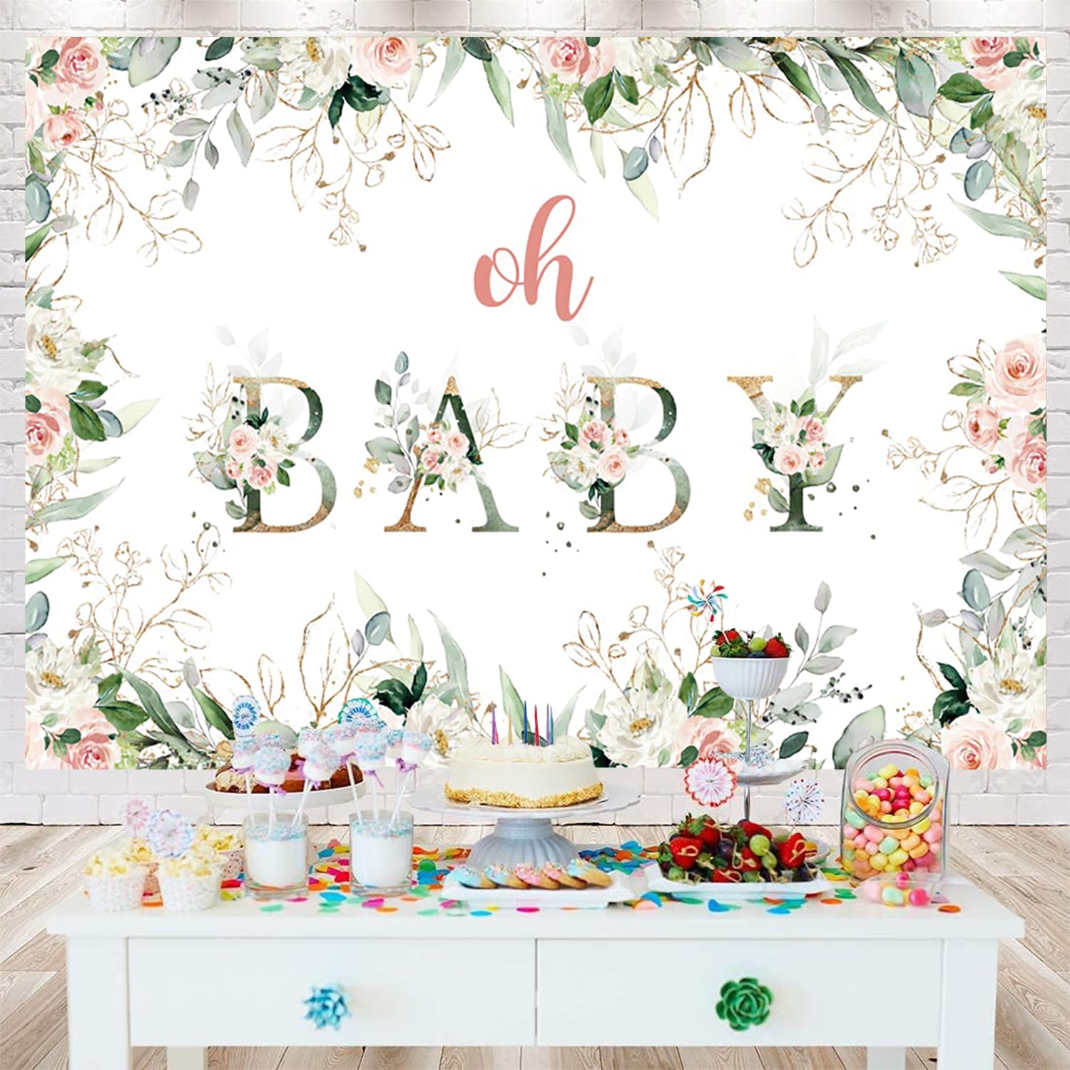 3.6x3m Telón de Fondo Baby Shower Oh Baby Girl Blush Pink y Oro Floral Verde Hojas de eucalipto Fotografía de Fondo recién Nacido Baby Shower Cumpleaños Decoraciones Banner Photo Booth Props
