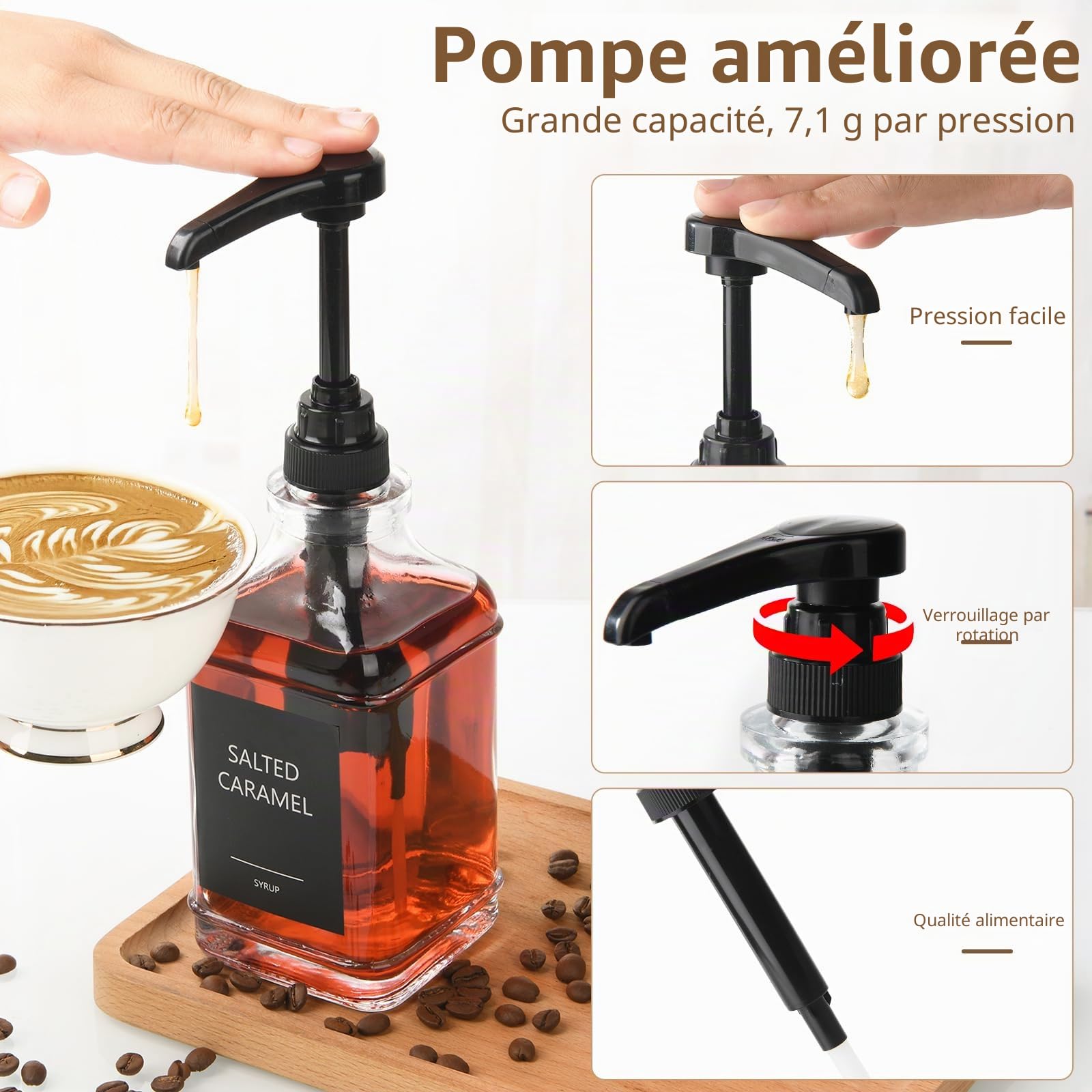 YBCPACK Lot de 3 distributeurs de sirop à café en verre de 500 ml - Distributeur de sirop anti-fuite avec étiquettes - Bouteilles de sirop à remplir pour café et cuisine