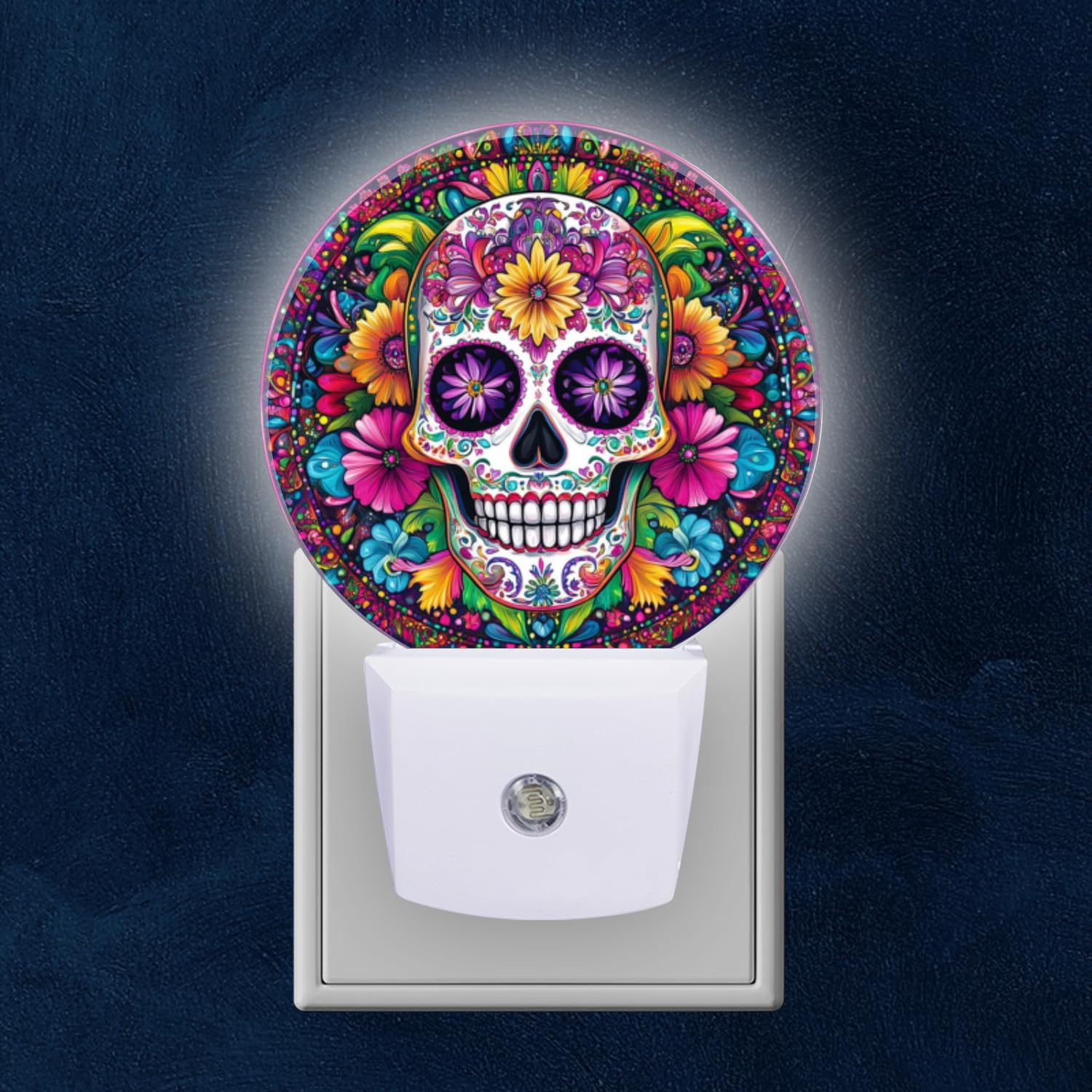 Mearafois Round LED Night Lights Lamp with Dusk to Dawn Sensor Colorful Sugar Skull with Flowers Night Light