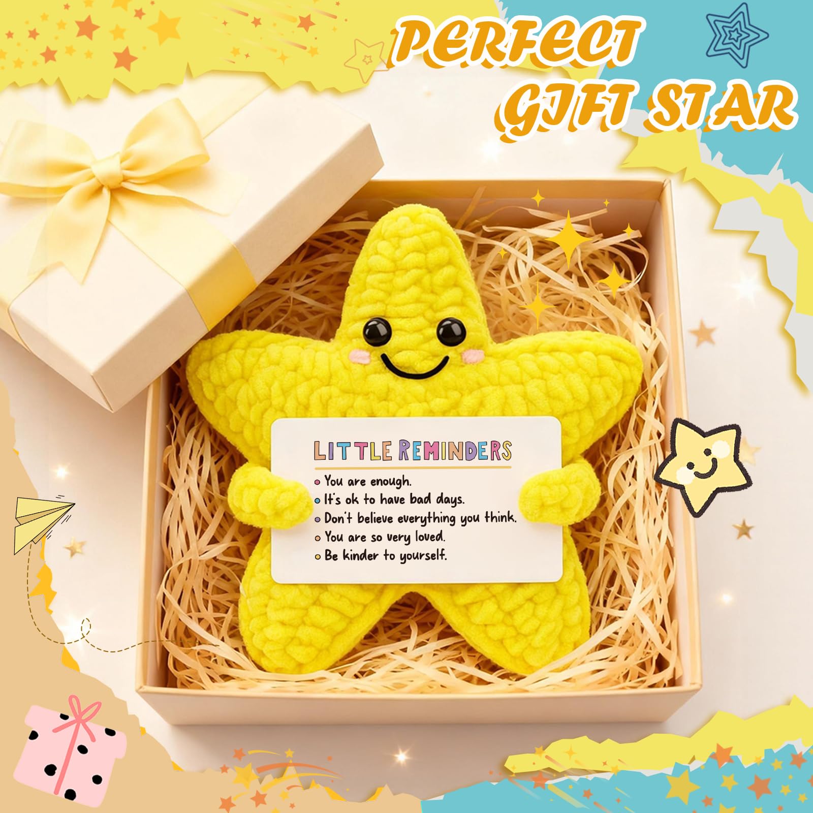Mental Health Gifts for Women, Crochet Star with Positive Affirmations, Cheer Up Thinking of You Gift for Friend, Anxiety Relief Get Well Soon Self care Gifts