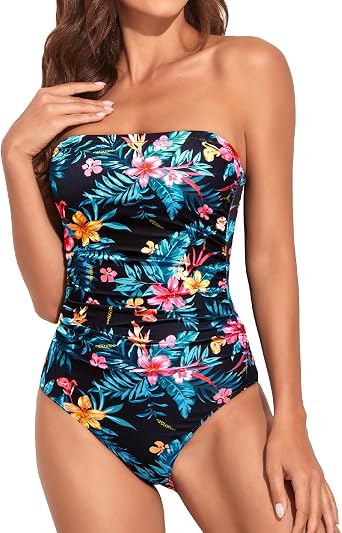 Holipick Women Tummy Control One Piece Swimsuits Strapless Bandeau Bathing Suits Slimming Halter Swimwear