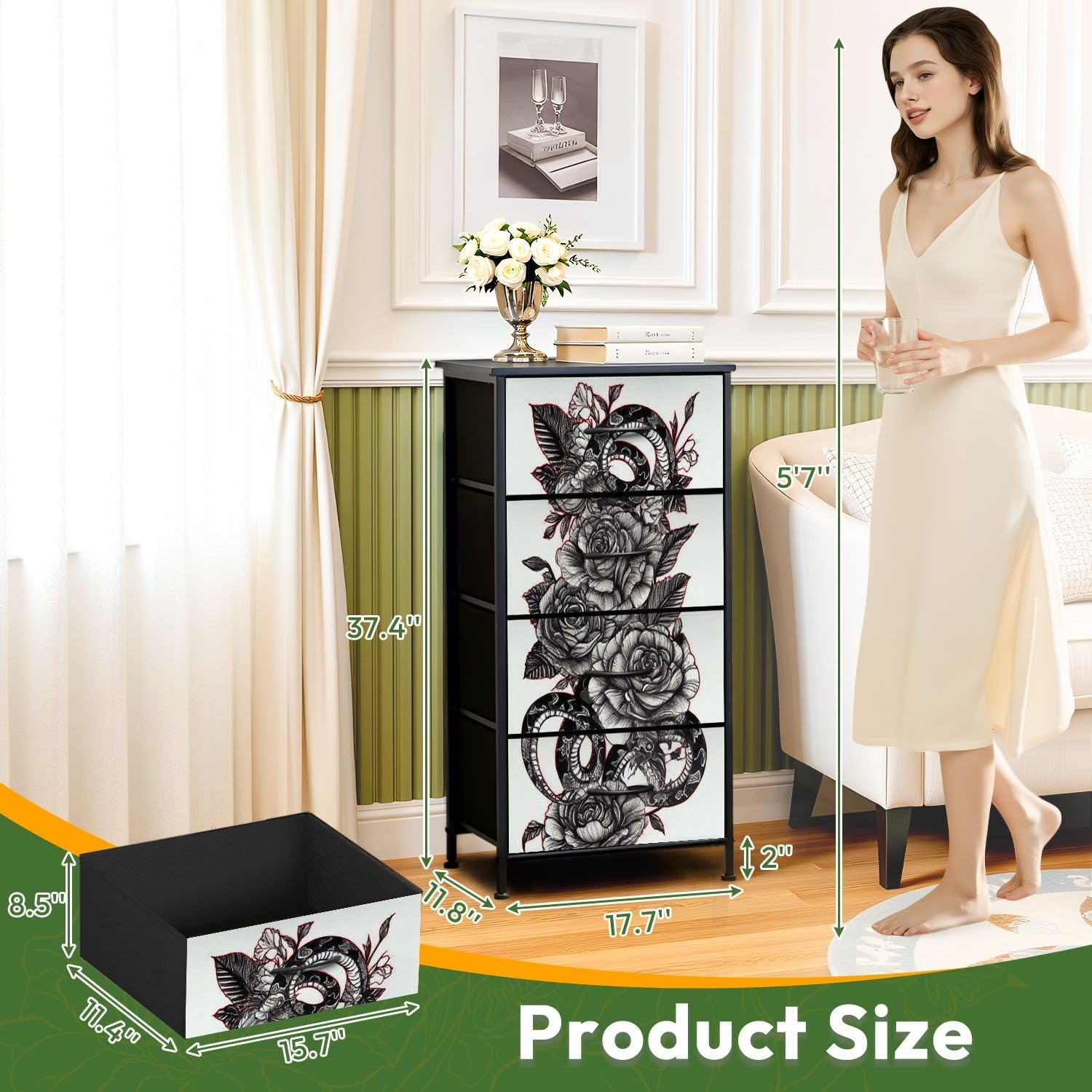 Dresser for Bedroom Snake Snake Roses Snake Tattoo Snake Sketch Snake Graphics Dresser for Closet with 4 Fabric Storage Drawers, Chest of Drawers for Closet Living Room Nusery Hallway