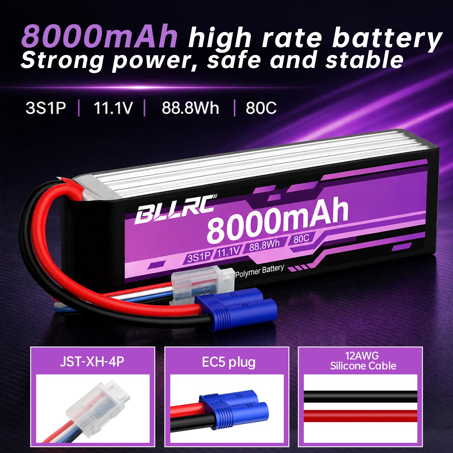 1PCS 3S 11.1V 80C 8000mAh LiPo batería con Conector EC5 para Camiones RC, vehículos Todo Terreno, cuadrocópteros, fotodrones y helicópteros