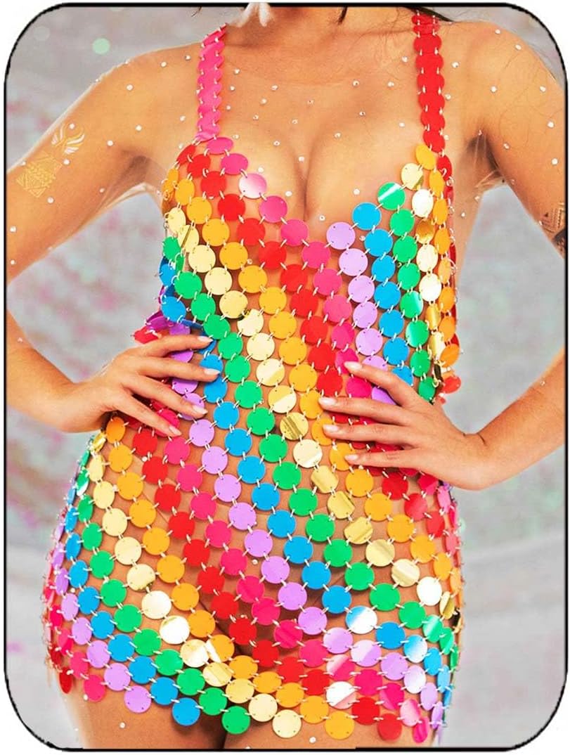 Nicute Sequin Rainbow Dress Sparkly V Neck Disco Sleeveless Chainmail Dress Hollow Out Summer Bikini Dresses for Women