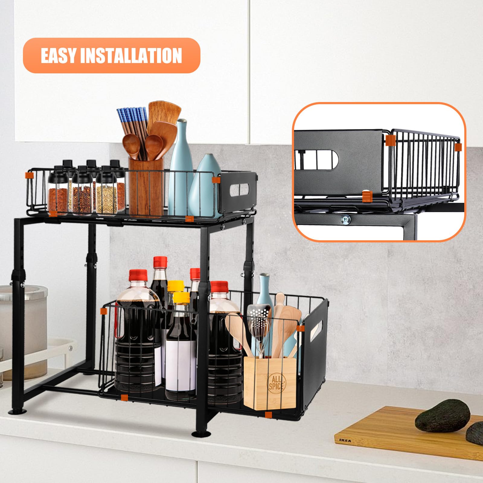 OHMG Organiseurs de Placards,Bac de Rangements sous Evier 2 Niveaux Organisateur Coulissant avec 2 Tiroirs Porte-épices pour Comptoir de Cuisine Organisateur pour Salle de Bain, Cuisine, Bureau