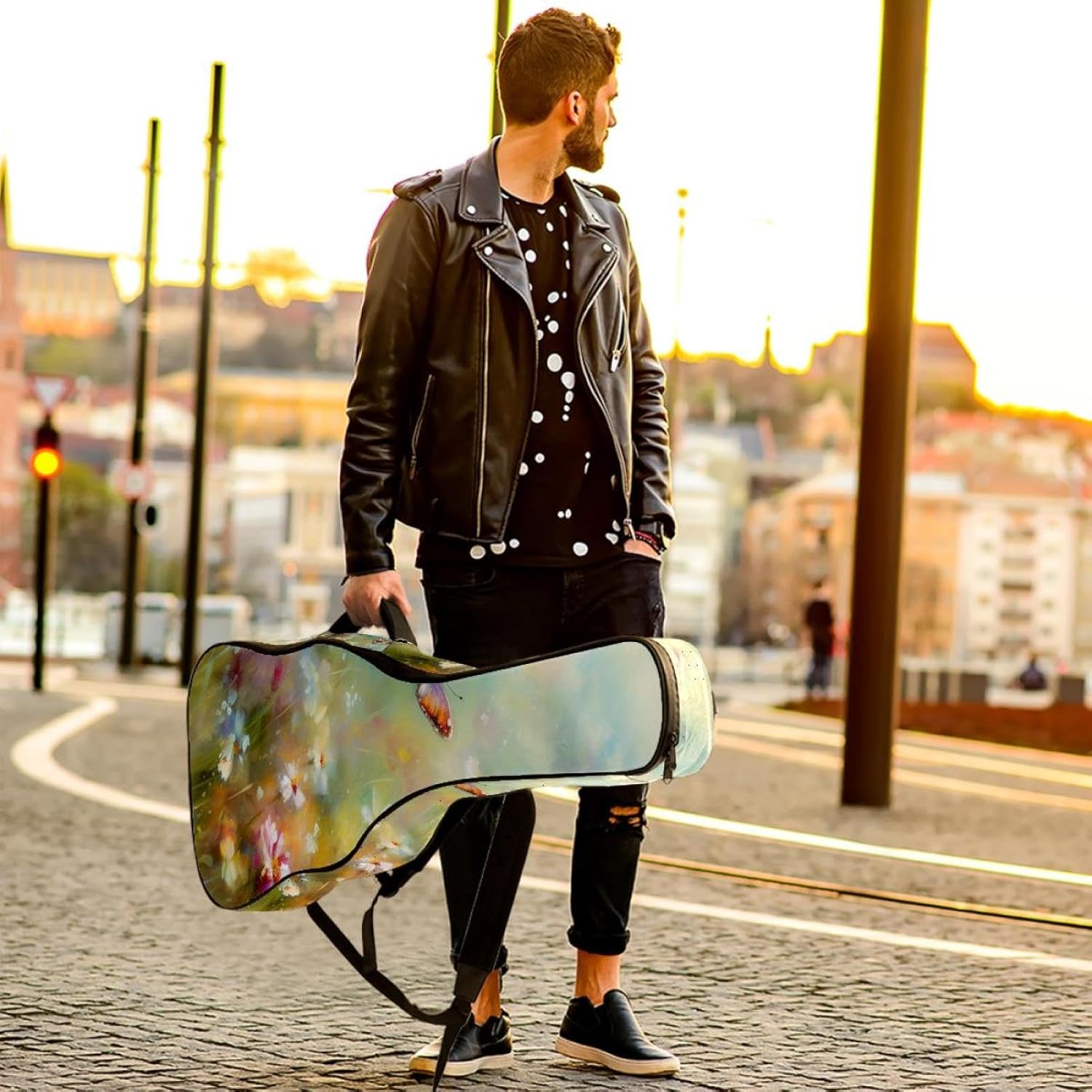 Acoustic Guitar Bag 0.4 Inch Thick Padding Waterproof Guitar Case Gig Bag for 40 41 42 Inch Electric Bass Classical Guitar, Colorful Butterflies Oil Painting