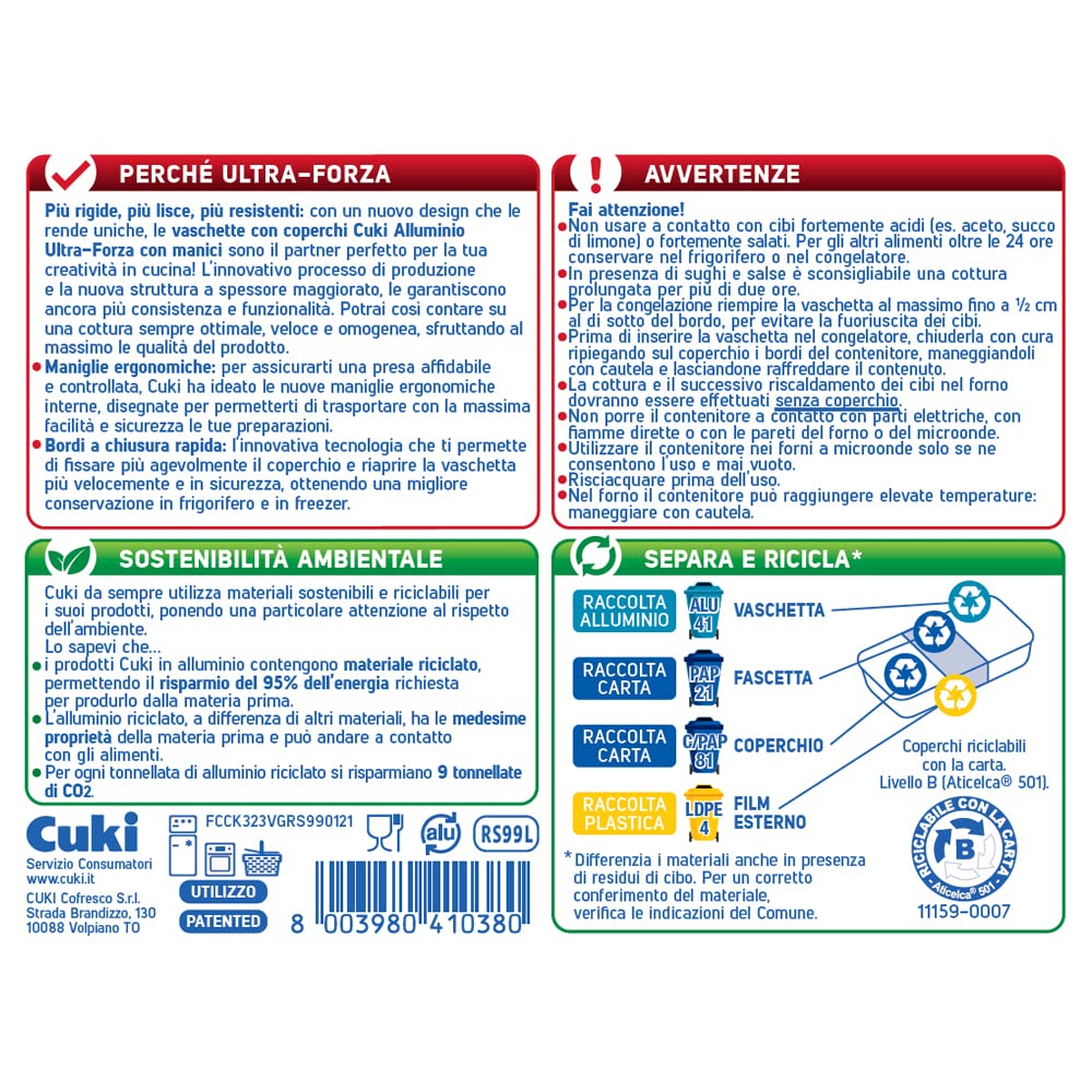 Cuki Vaschette Alluminio Con Coperchi - Ultra Forza - Con Manici - 6 Porzioni - Rettangolari [Rs99L] - 6 Confezioni Da 2 Pezzi