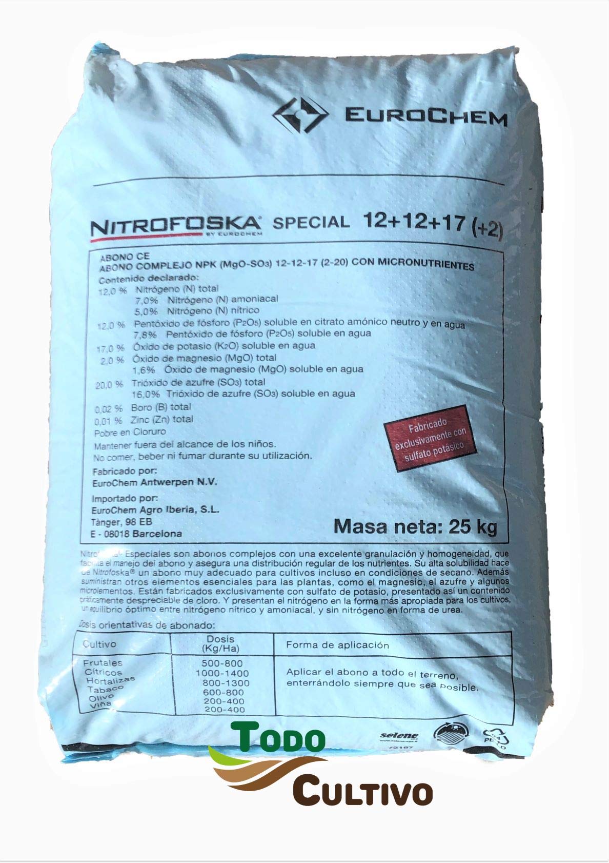 Nitrofoska Special. Abono granulado con microelementos para viña, parrales y Huerta 12-12-17 (2) MG. Saco de 25 kg. con magnesio, azufre y Boro, nutrientes Esenciales para la Vid.