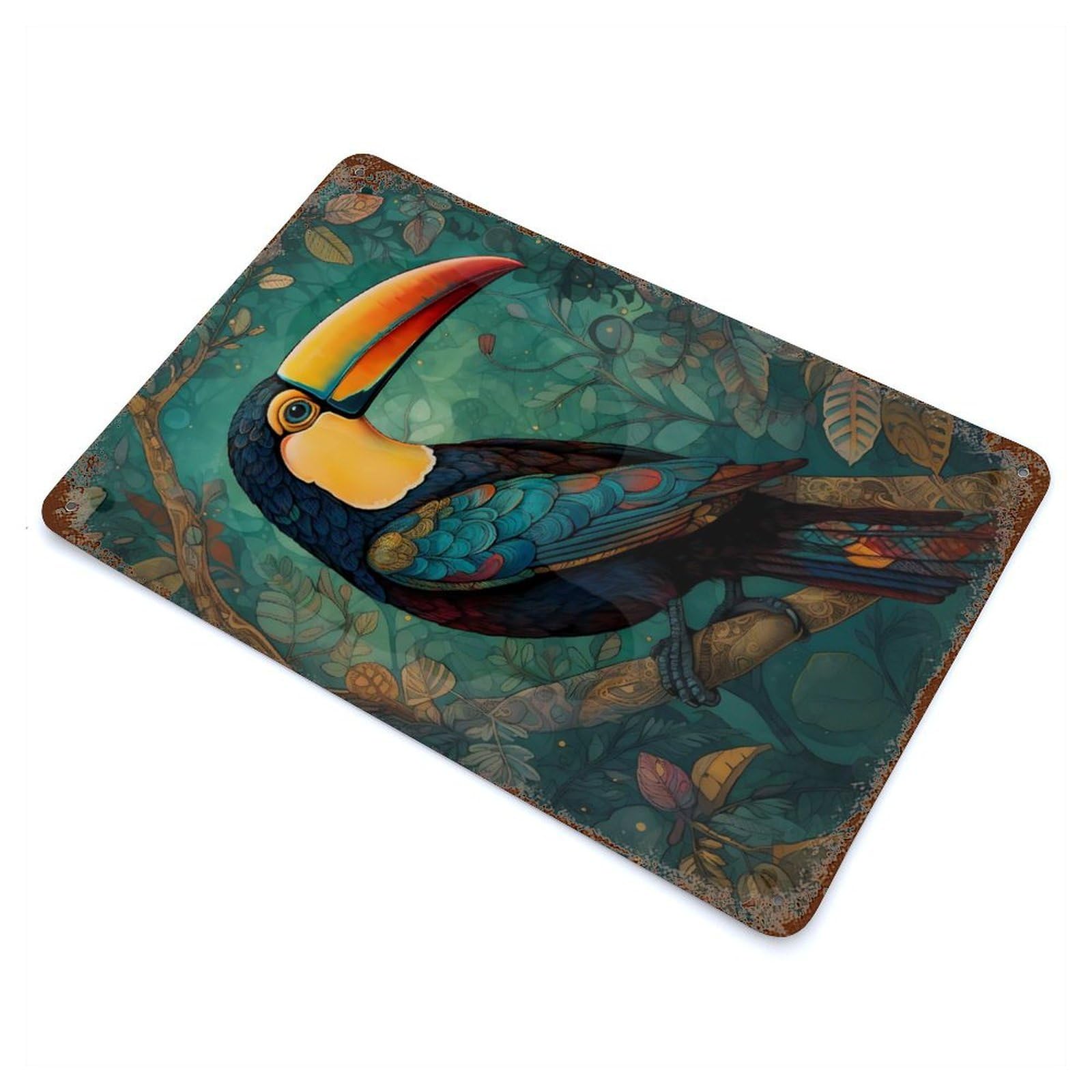 Decorative Tin Sign Toucan Bird Forest 11.8"x7.9", Vintage Wall Decor for Pub, Kitchen And Man Cave Decor