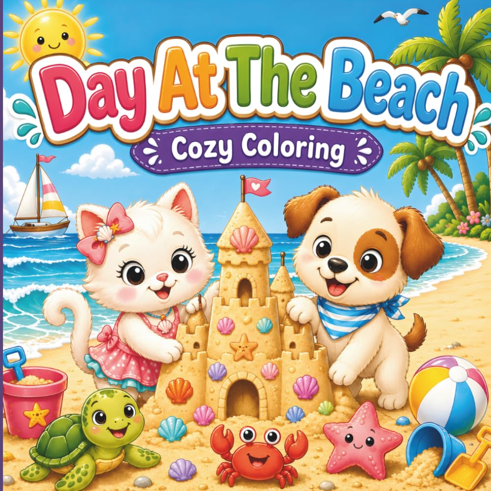 Day At The Beach; Cozy Coloring: Cute Summer Beach with Kittens, Puppies, Sandcastles, Friendly Sea Animals, Seashells, and Ocean Adventures