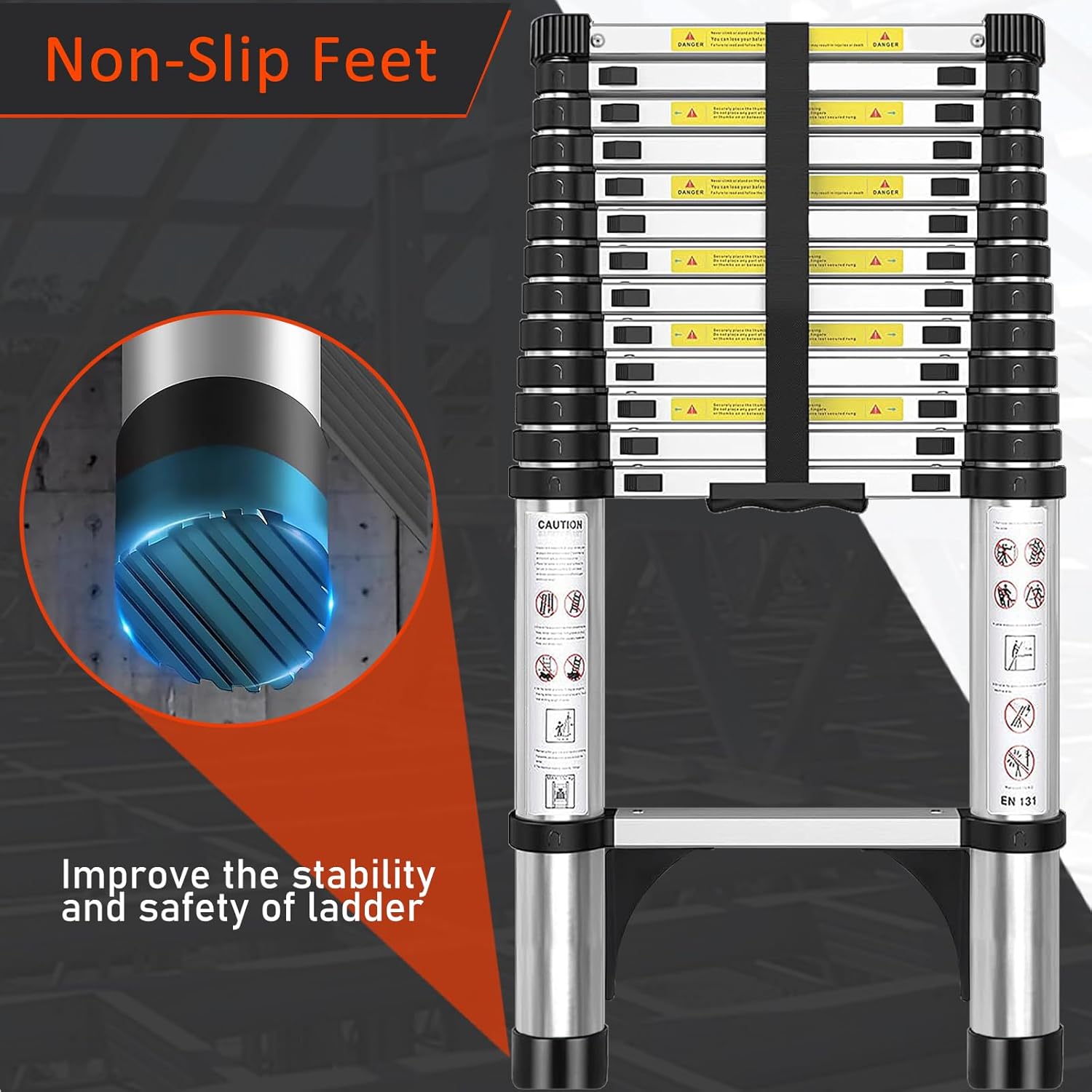 Telescopic Ladder 8.5 Feet - Aluminum Telescoping Ladder with Non-Slip Feet - Portable Compact Folding Ladder for Home or Outdoor Work with EN131 Certified 330lbs Max Capacity - Image 3