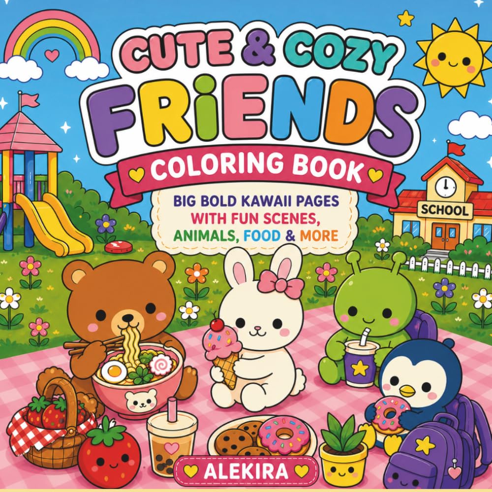 Cute and Cozy Friends Coloring Book: Big Bold Kawaii Pages With Fun Scenes, Animals, Food & More