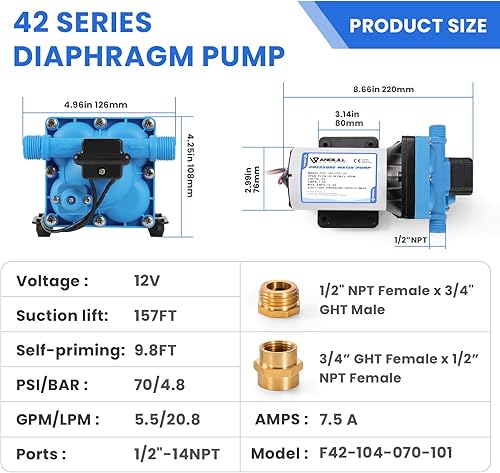Miniatura 4 de Anbull Bomba de diafragma de presión de agua de 12 V, bomba autocebante de 5.5 GPM70 PSI con adaptadores de manguera de jardín de 34 pulgadas, bomba