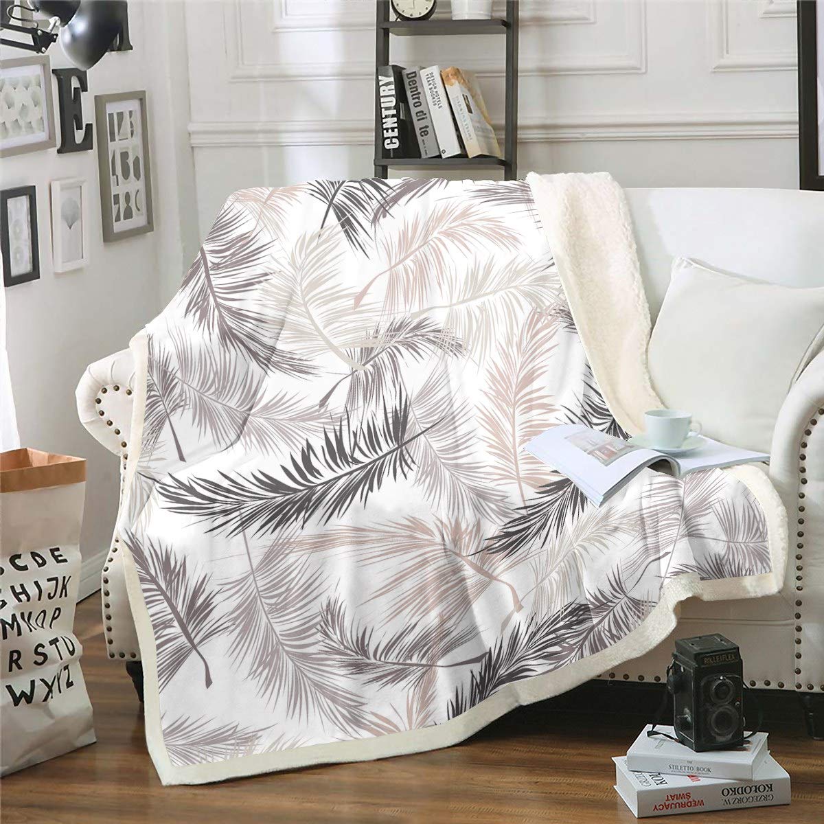 Loussiesd Tropical Leaves Fleece Sherpa Blanket Leaf Pattern for Chair Sofa Couch Brown Botanical Leaf Branches Bedroom Decor King 87"*94"