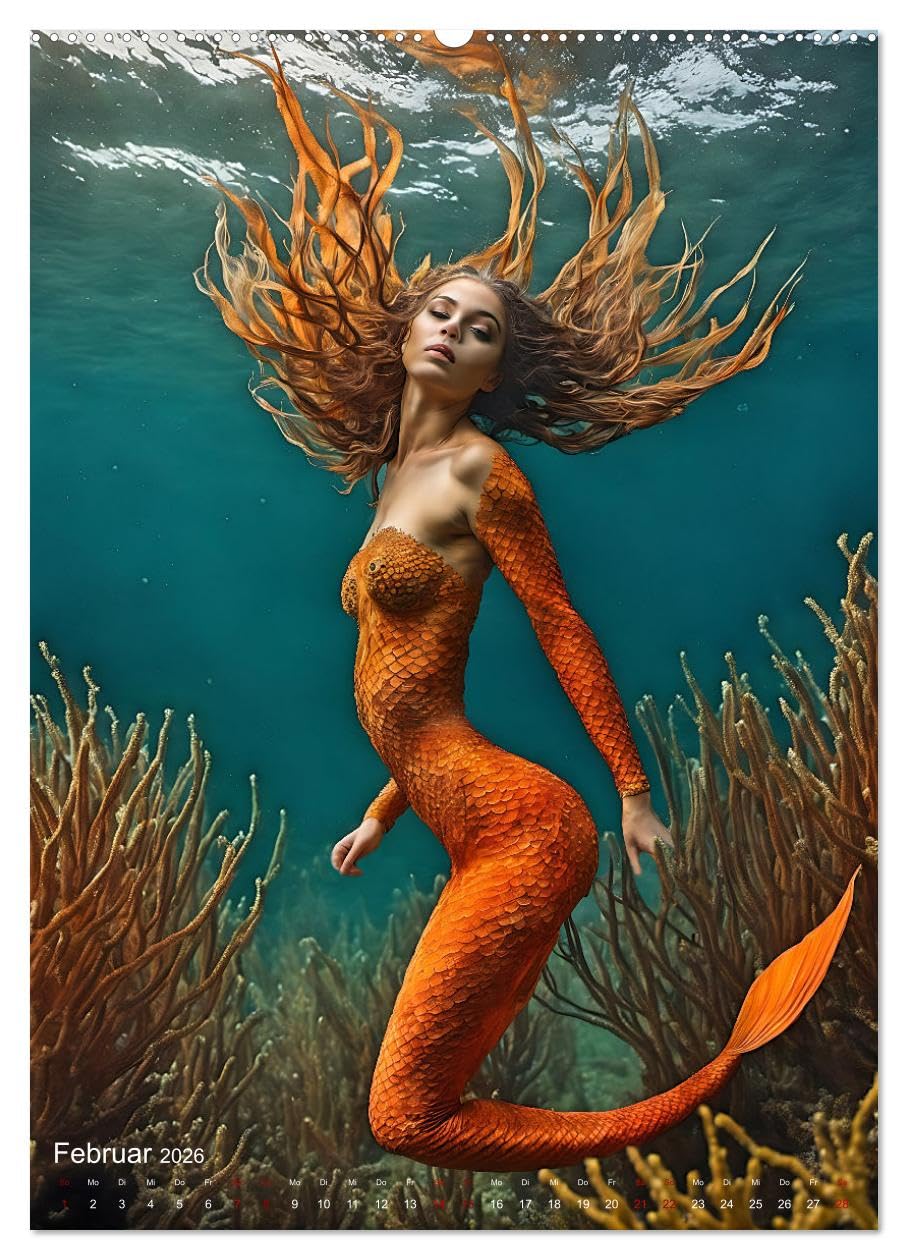 Verführerische Meerjungfrauen (Wandkalender 2026 DIN A2 hoch), CALVENDO Monatskalender: Traumhafte Bilder zauberhafter Wassernixen in einer märchenhaften Unterwasserwelt (CALVENDO Kunst)