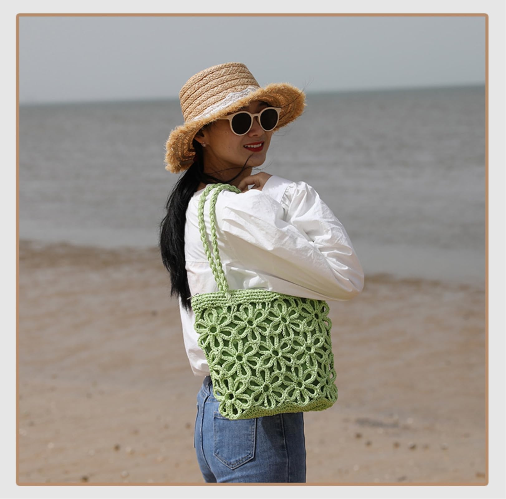 Borsa Spalla Paglia Nuovo Sacchetto di Cavo Fiore Tessuto da Donna Portatile Vacanza al Mare Spiaggia in Rattan-Brown