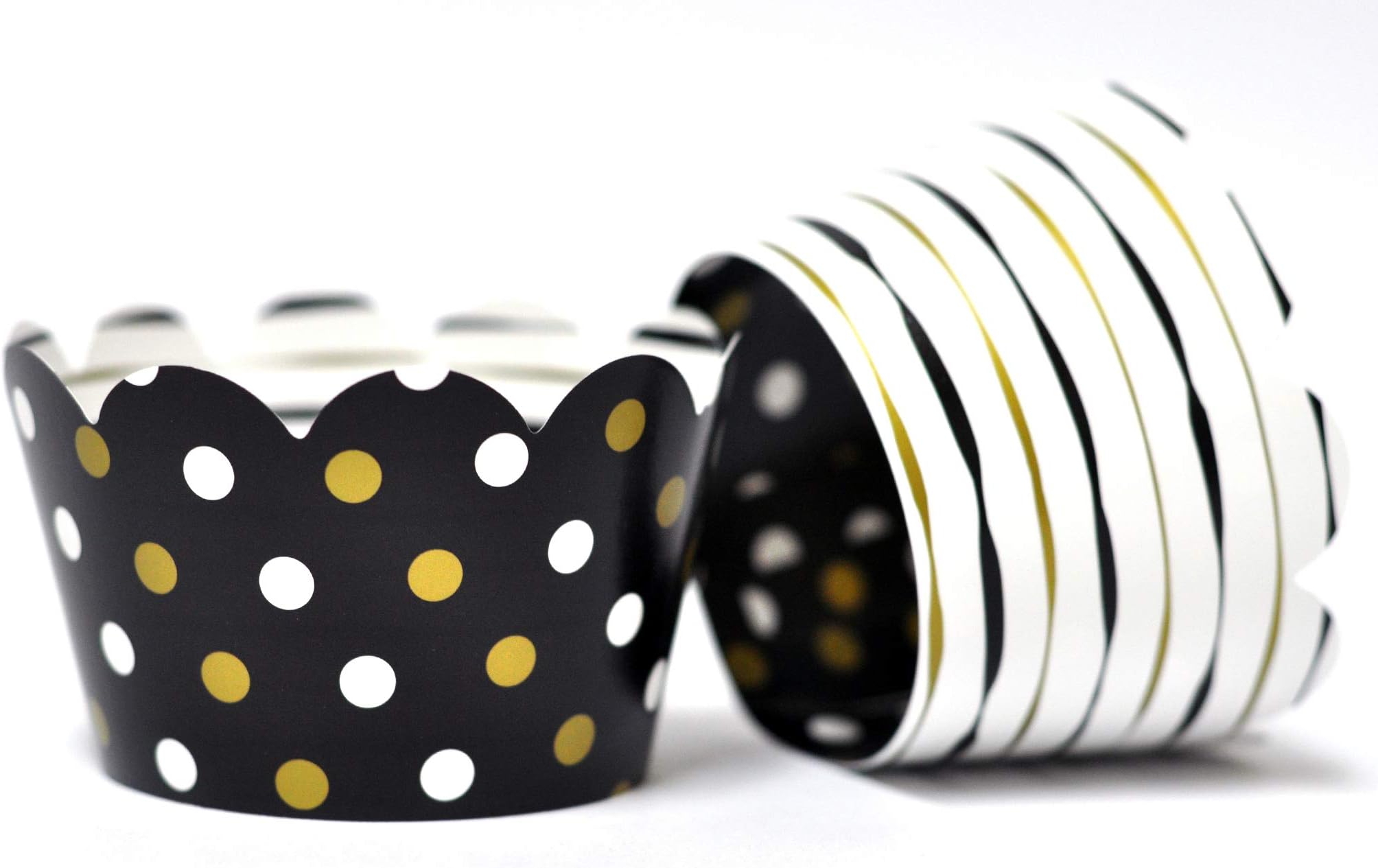 Black and Gold Cupcake Wrappers for birthday parties, Anniversary celebrations,Bridal Showers, Weddings. Set of 24 Reversible Black and Gold stripes to polka dots Scalloped Cup Cake Holder Wraps.