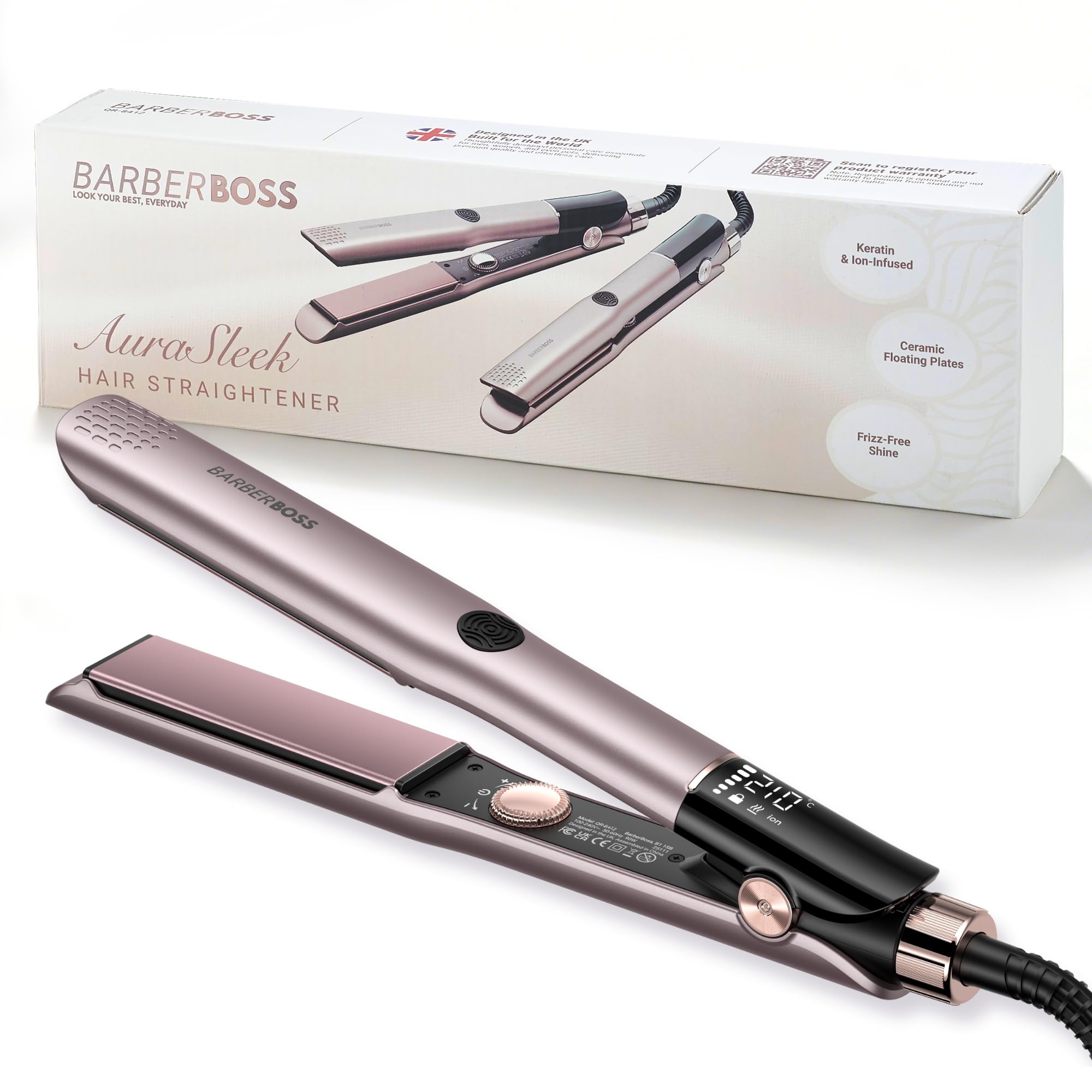 BarberBoss Hair Straighteners for Women, Precision Ceramic Hair Straightener with Floating Plates, Negative Ion & Keratin Technology, LED Temperature Control, Flat Iron for Straightening, QR-8412