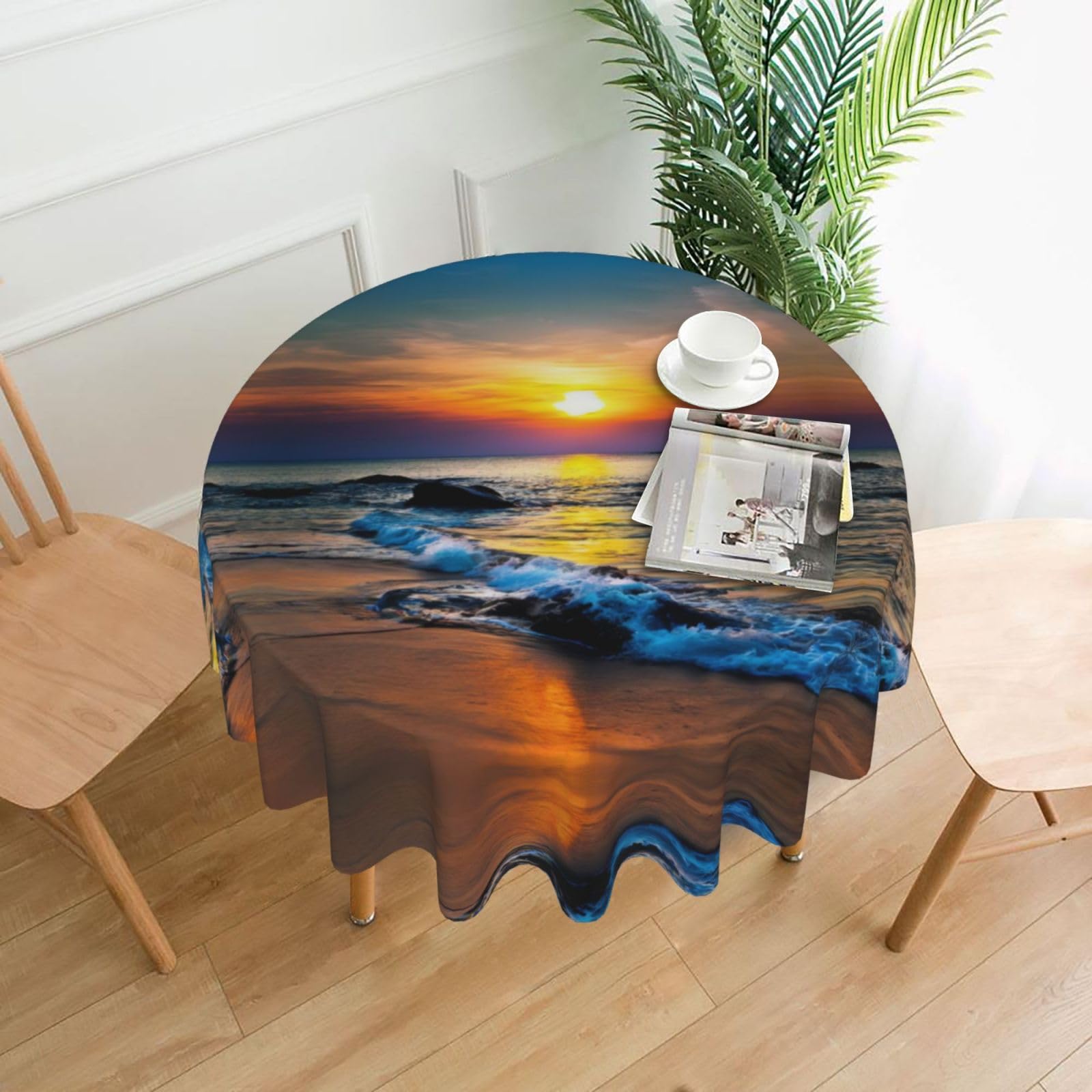HLSBSSL Beach And Sunset Printed round decorative tablecloth, 60 inches, suitable for various tables in the living room, dining room, coffee table, etc.