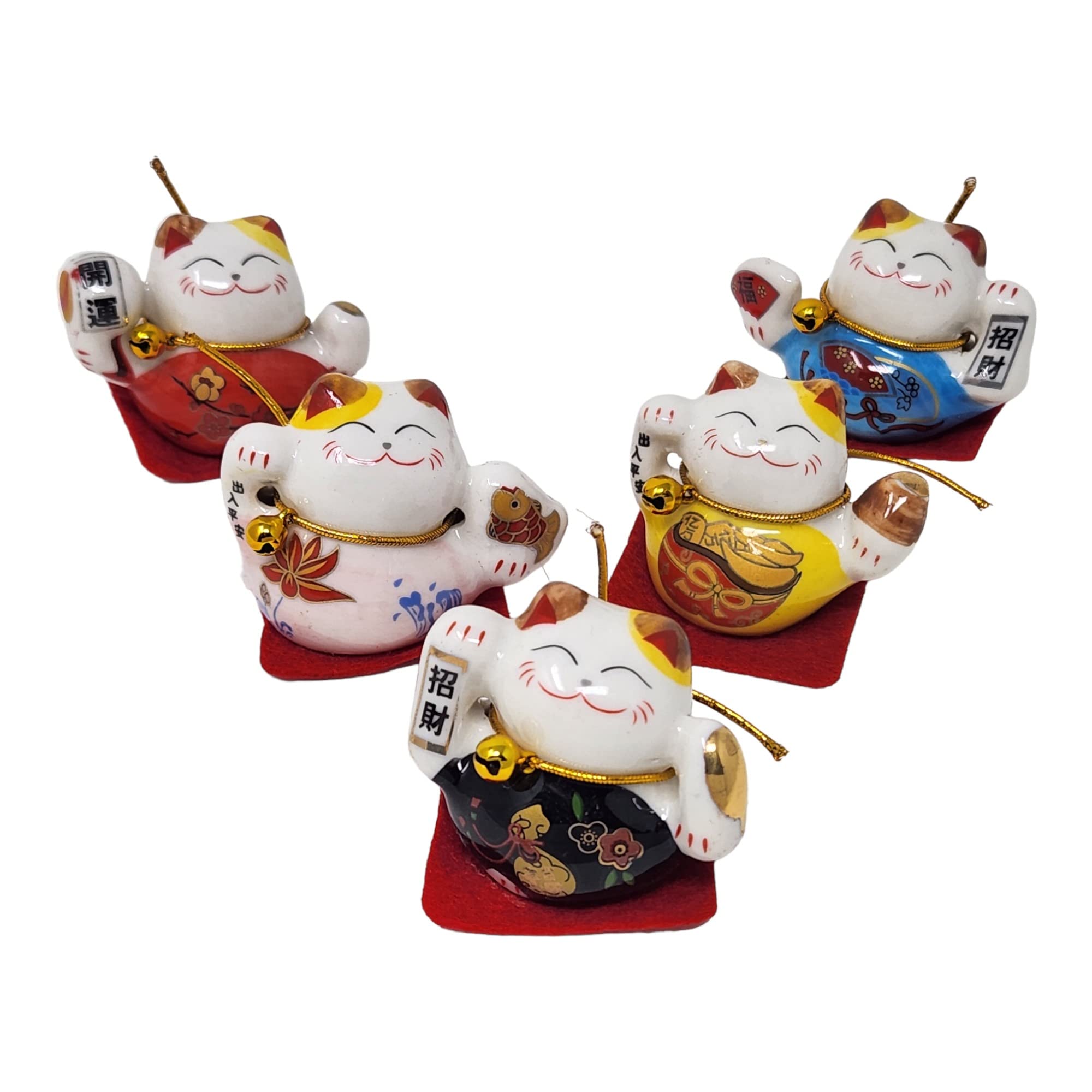 Lot de 5 figurines de chat porte-bonheur chinois en céramique - Maneki Neko japonaises - Petites figurines mignonnes - Lignes lisses
