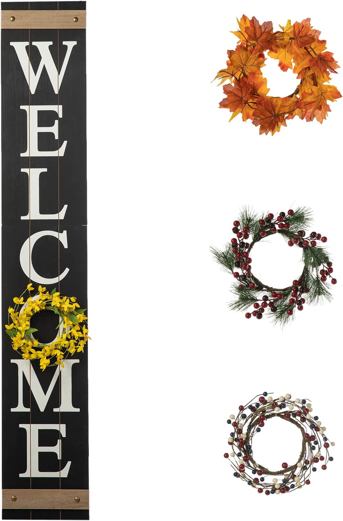 Glitzhome 60โH Welcome Sign for Front Door Porch Farmhouse Wooden Hanging Wall Sign with 4 Interchangeable Floral Wreaths for Seasons Spring Summer Fall Harvest Thanksgiving Christmas Home Decor