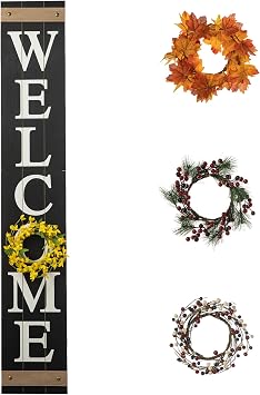 Glitzhome 60H Welcome Sign for Front Door Porch Farmhouse Wooden Hanging Wall Sign with 4 Interchangeable Floral Wreaths for Seasons Spring Summer Fall Harvest Thanksgiving Christmas Home Decor