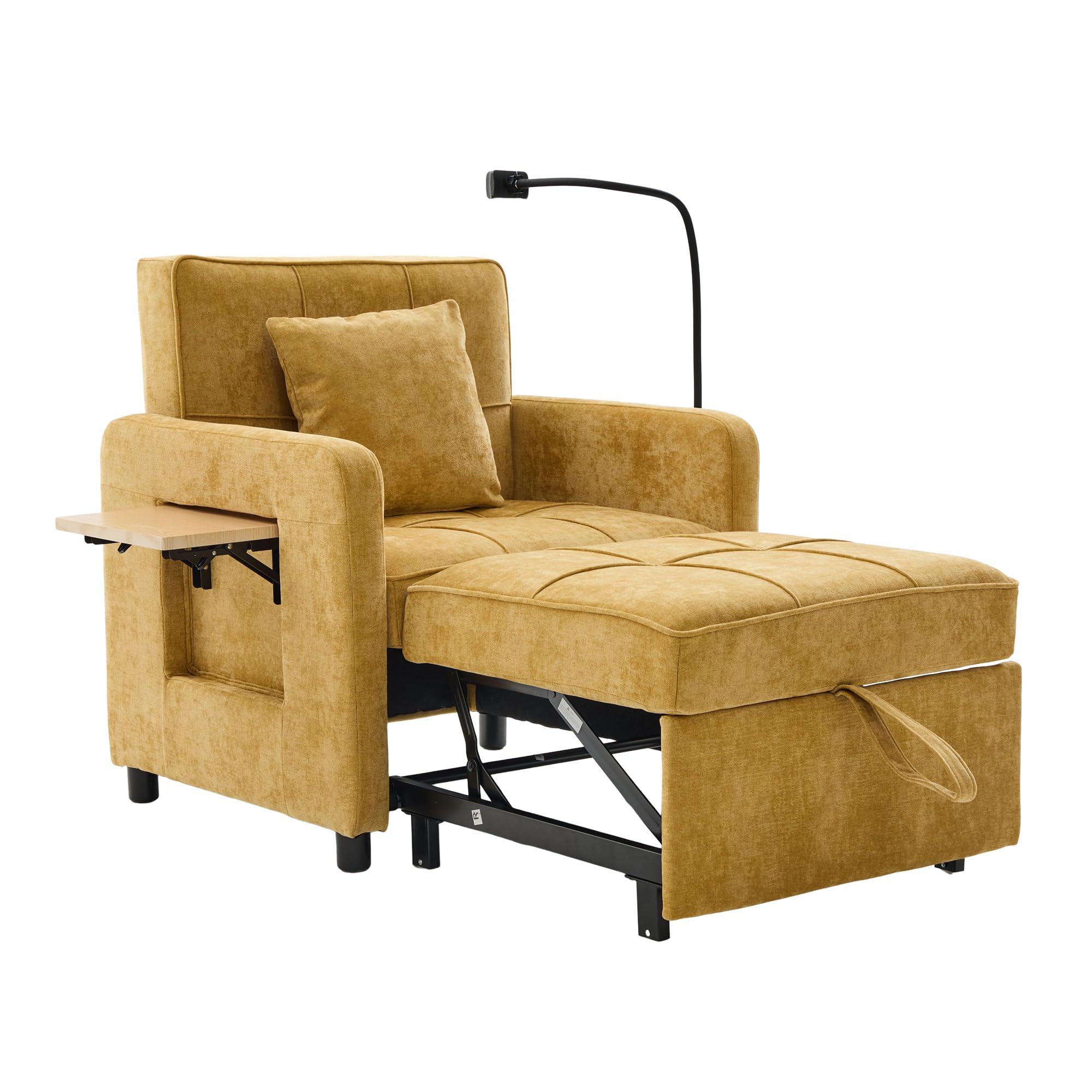 Sofá cama individual multifuncional de chenilla, sofá plegable con función de dormir, silla de sofá con mesa auxiliar pequeña y bolsa de almacenamiento, para salón y dormitorio, color amarillo