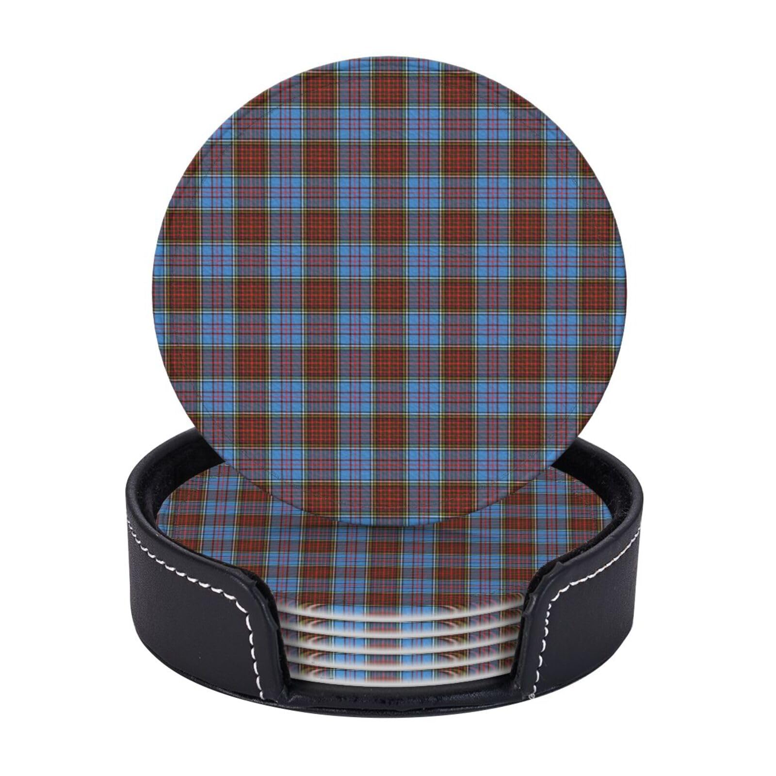 Smazdfxx As Pic 6 Pcs Pu Leather Coasters With Holder, Anderson Modern Tartan Drink Coaster Set Absorbent Heat Bar Table Decor