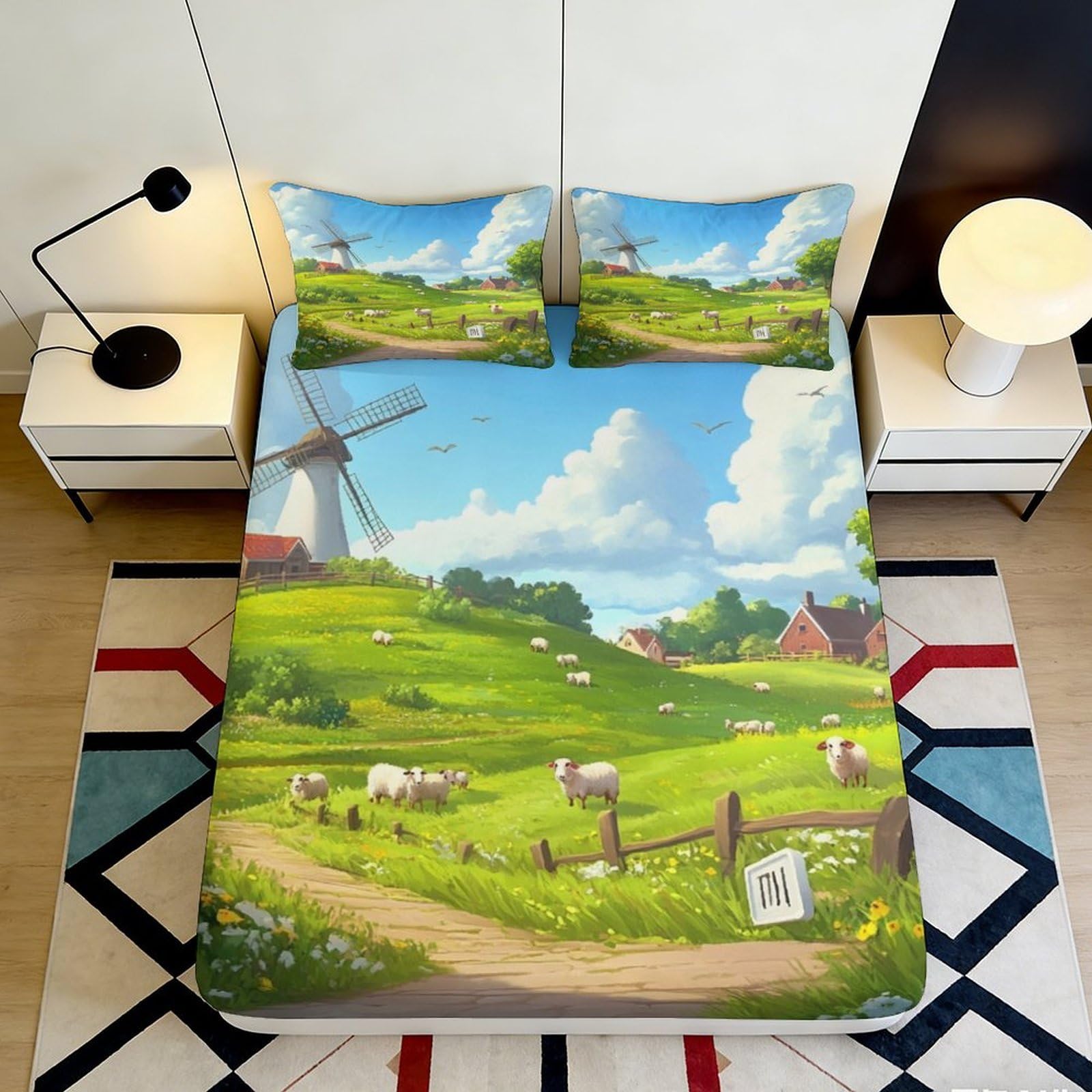 3D Printed Rural Pastoral Landscape Fitted Sheet Microfiber Soft Windmill Meadow Bed Cover Bedroom Decor 90x200x25cm