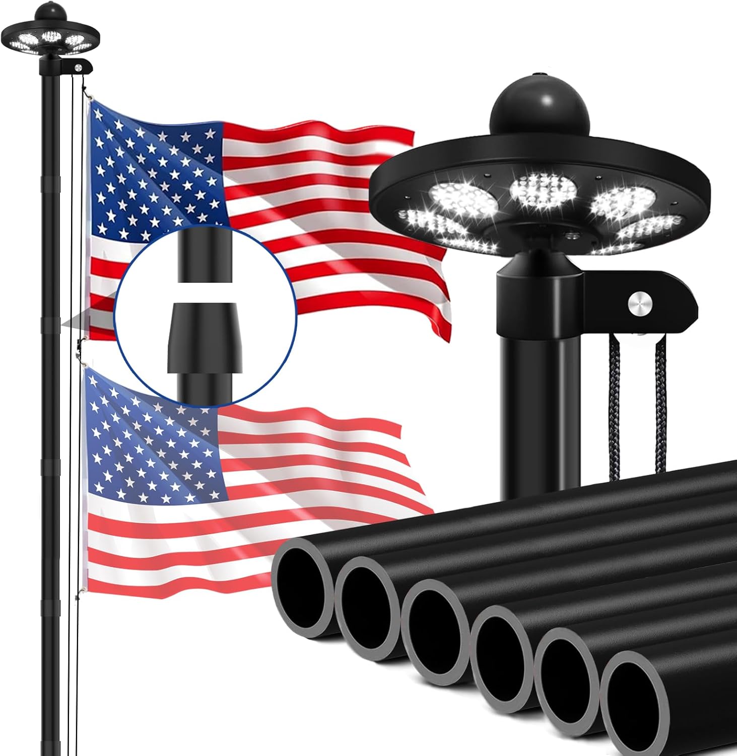Heavy Duty Flag Pole for Outside House with Solar Light, 25FT 12 Gauge Yard Flag Pole in Ground, 100MPH Wind-Tested
