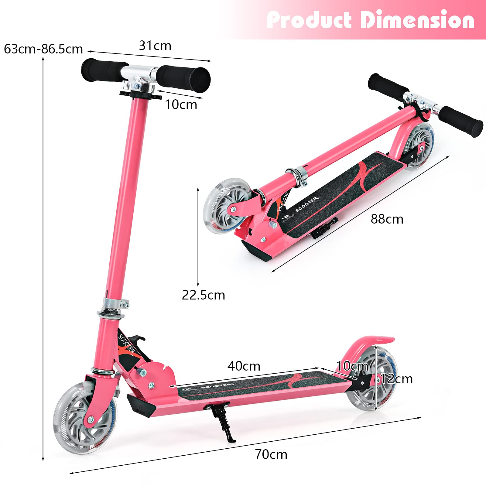 KOMFOTTEU Monopattino Bambini con 2 Ruote LED, Monopattino Bambina Pieghevole in Alluminio con Altezza Regolabile, Crico Massimo di 70 kg, Scooter Portatile per Bambini da 4 Anni+