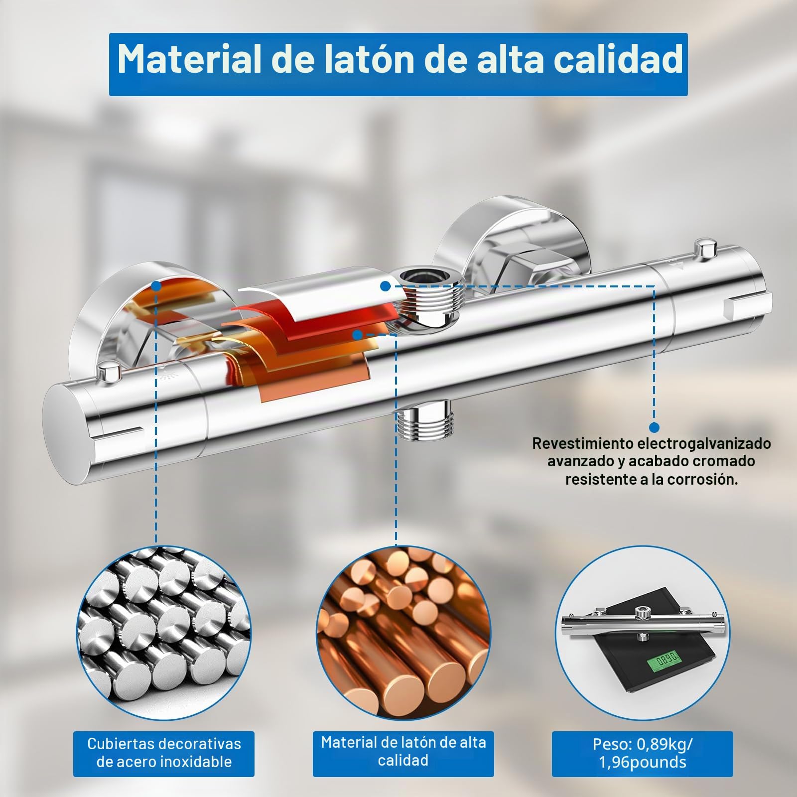 Marketero Barra mezcladora termostática de ducha con dos salidas, grifo mezclador de ducha montado en la pared, válvula termostática de doble salida de latón con parte superior G de 3/4 pulgadas y G