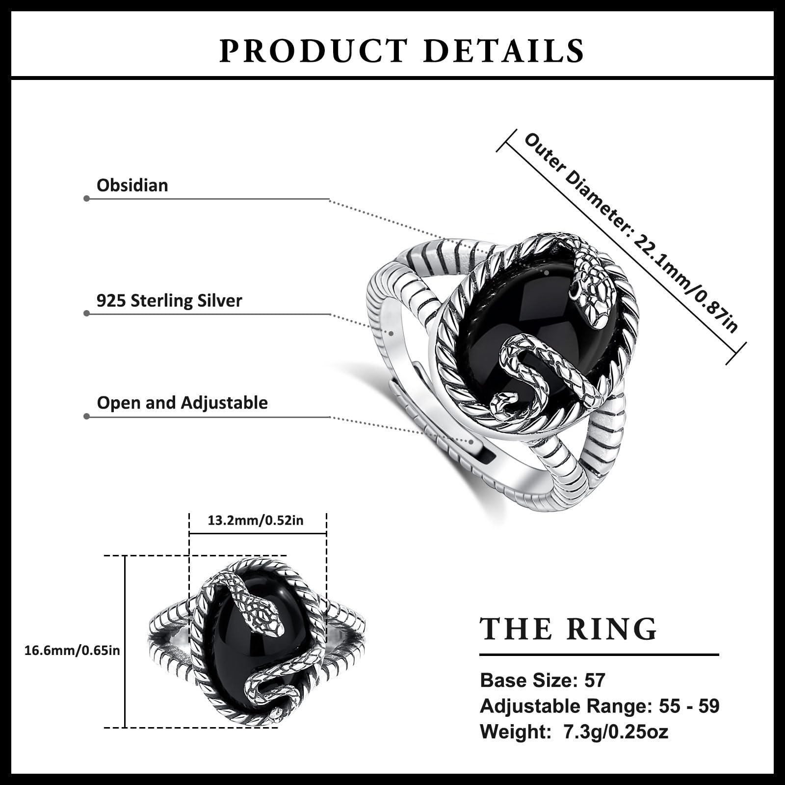 AEONSLOVE Anillo Dragón/Calavera Gótica Ajustable Plata de Ley 925 para Hombre Mujer, Anillos Runas Vikingas con Vegvisir Abiertos, Anillo Serpiente Obsidiana/Tetragramaton Pentagrama Vintage