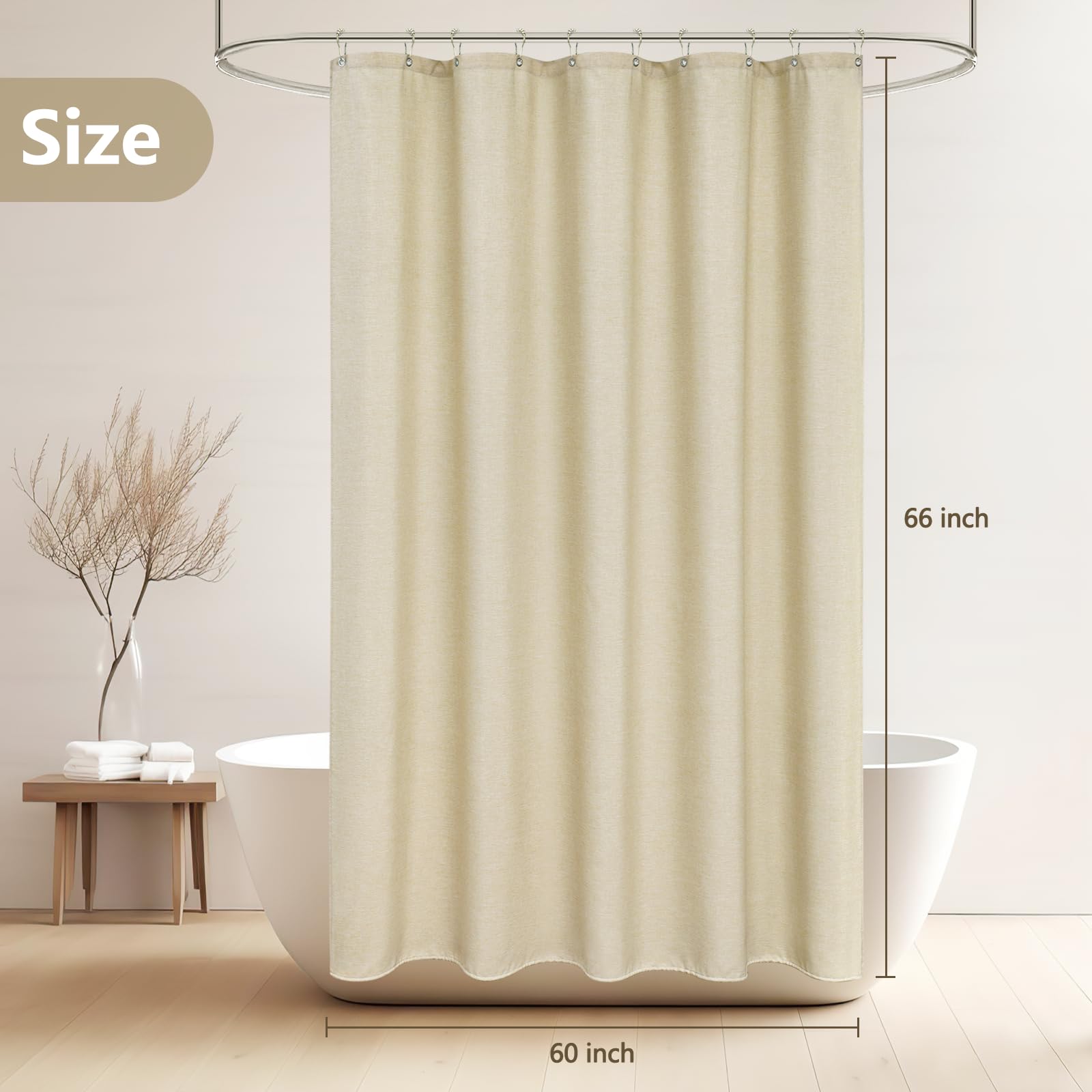 Seenus Petit rideau de douche en tissu beige résistant à l'eau et à texture de lin synthétique durable pour salle de bain de style rustique et bohème pour camping-car, remorque (152 x 167 cm)
