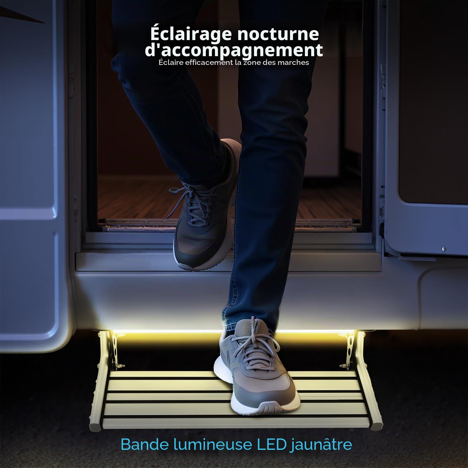 Marchepied électrique pliable pour camping, 12 V, en alliage d'aluminium, avec barre lumineuse LED pour camping-car et caravane