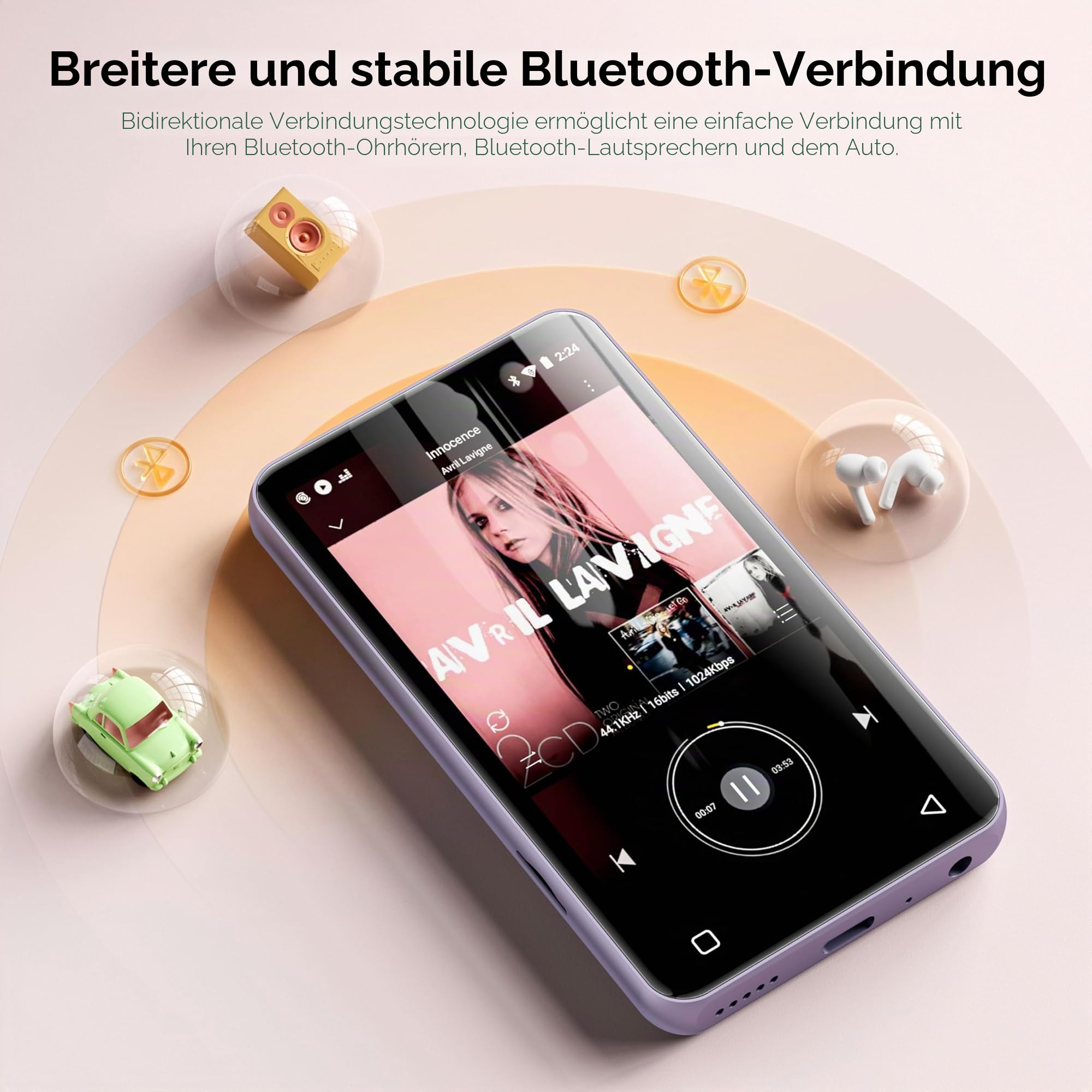 160GB MP3 Player mit Bluetooth und WiFi, innioasis Musik Player mit Spotify, Amazon Music, 4" Touchscreen Android MP4 MP3 Player für Kinder, Audible, Spotify Kinder Lila