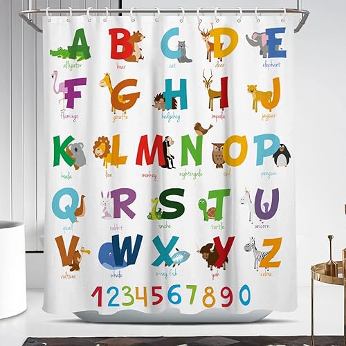 Coxila Cortina de ducha para niños y niñas, diseño de alfabeto ABC, educativo, colorido, animales, niños, bebés, matemáticas, diversión escolar, 60