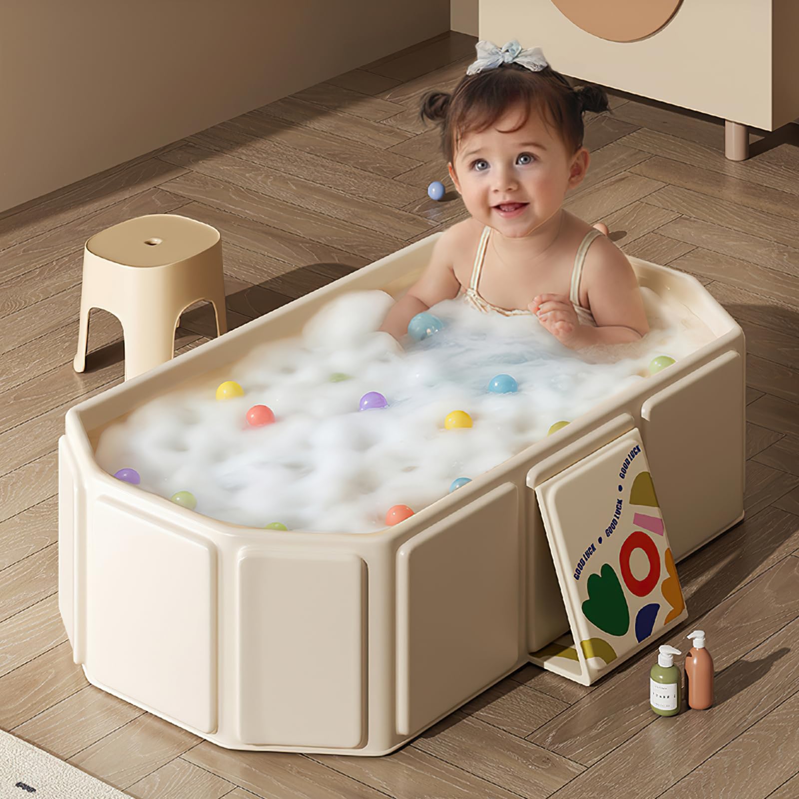 Baignoire pliable bébé pour enfants 0-8 ans avec bouchon de vidange, Beige