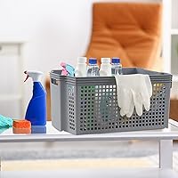 Vista 5 de Cestas de almacenamiento apilables de plástico grandes, contenedor de almacenamiento apilable gris, paquete de 6