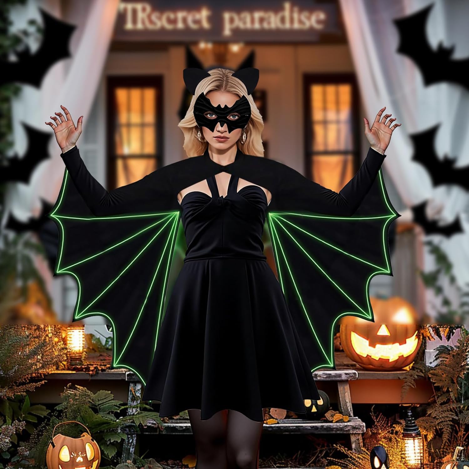 Women’s Bat Wings Costume with Glow in Dark, Adult Halloween Cosplay Costume with Headband & Face Cover for Party - Image 6