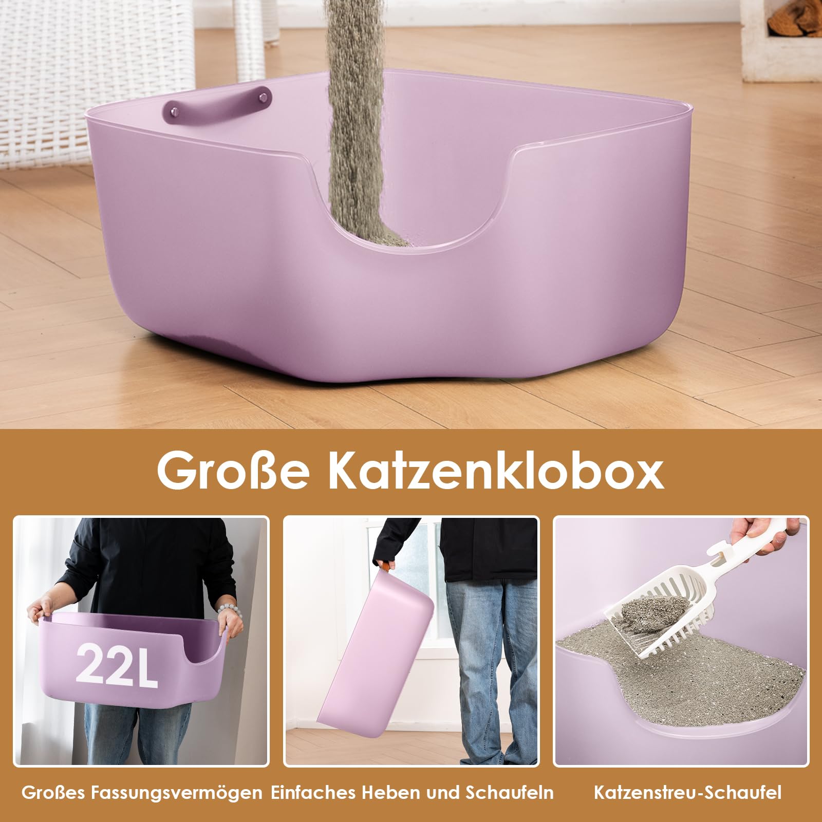 Katzentoilette, 56L x 42B x 22H cm Katzenklo mit Hohem Rand, Für Kleine und Mittelgroße Katzen, Katzentoilette mit Leder-Seitengriff & Streuschaufel, Transparentes Lila