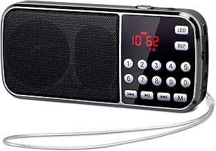 PRUNUS J-189 Mini Portable FM Radio, Portable Rechargeable Radio with Bluetooth Function, Digital Radioline with Excellent Receiving, Support Micro TF Card/USB/AUX with Emergency Flashlight (Black)