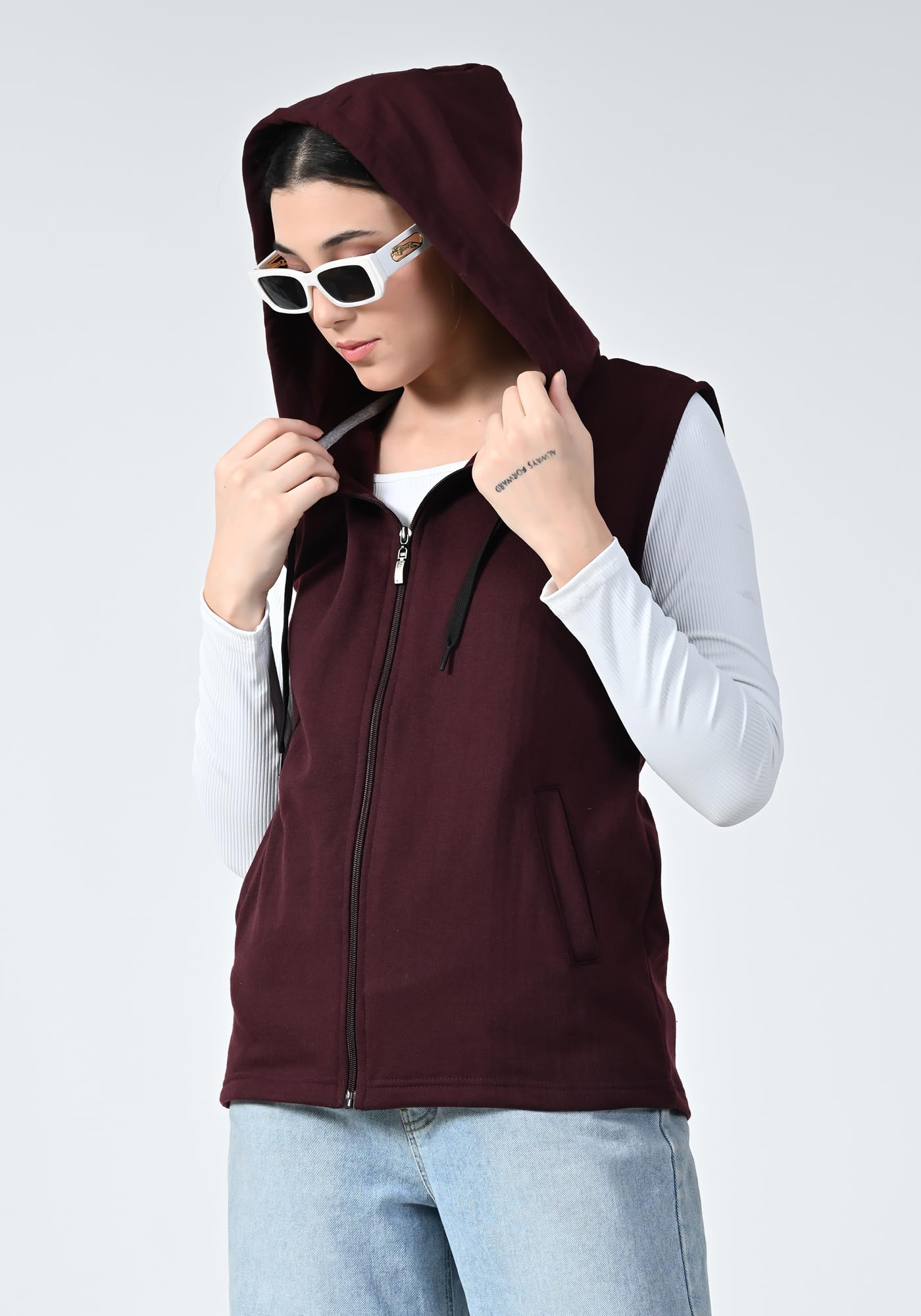Women Fleece Warm Zipper Sleeveless Hoodie Jacket for Winter (Pack of 1) Wine 2