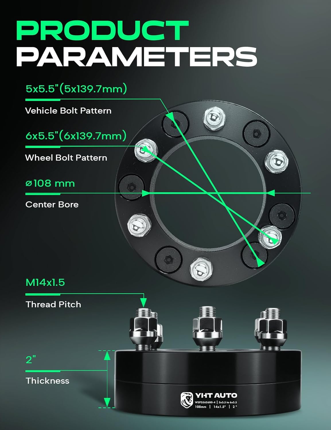 YHTAUTO 5x5.5 to 6x5.5 Wheel Adapters 2" Compatible with Dodge Jeep Ram Models: Dakota Durango Ram 1500 CJ5/7, Tire Adapters w/M14x1.5 & 12.9 Grade Studs, 108mm Center Bore 2PCS Black