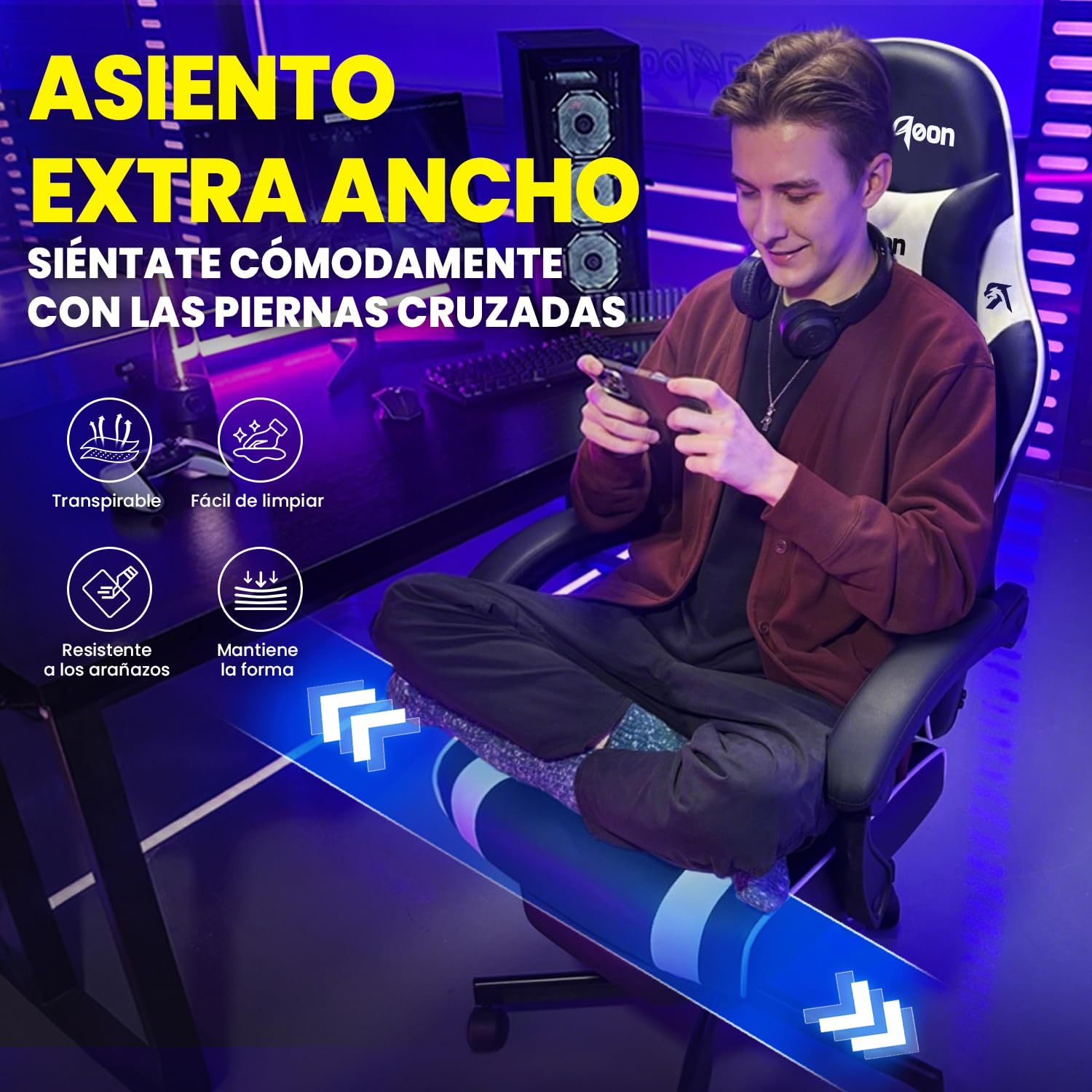 Silla de Gaming – Silla ergonómica para Gamer con reposapiés, reposacabezas y Soporte Lumbar, Altura Regulable, Acolchada, 150 kg, soporta hasta 150 kg, Color Negro